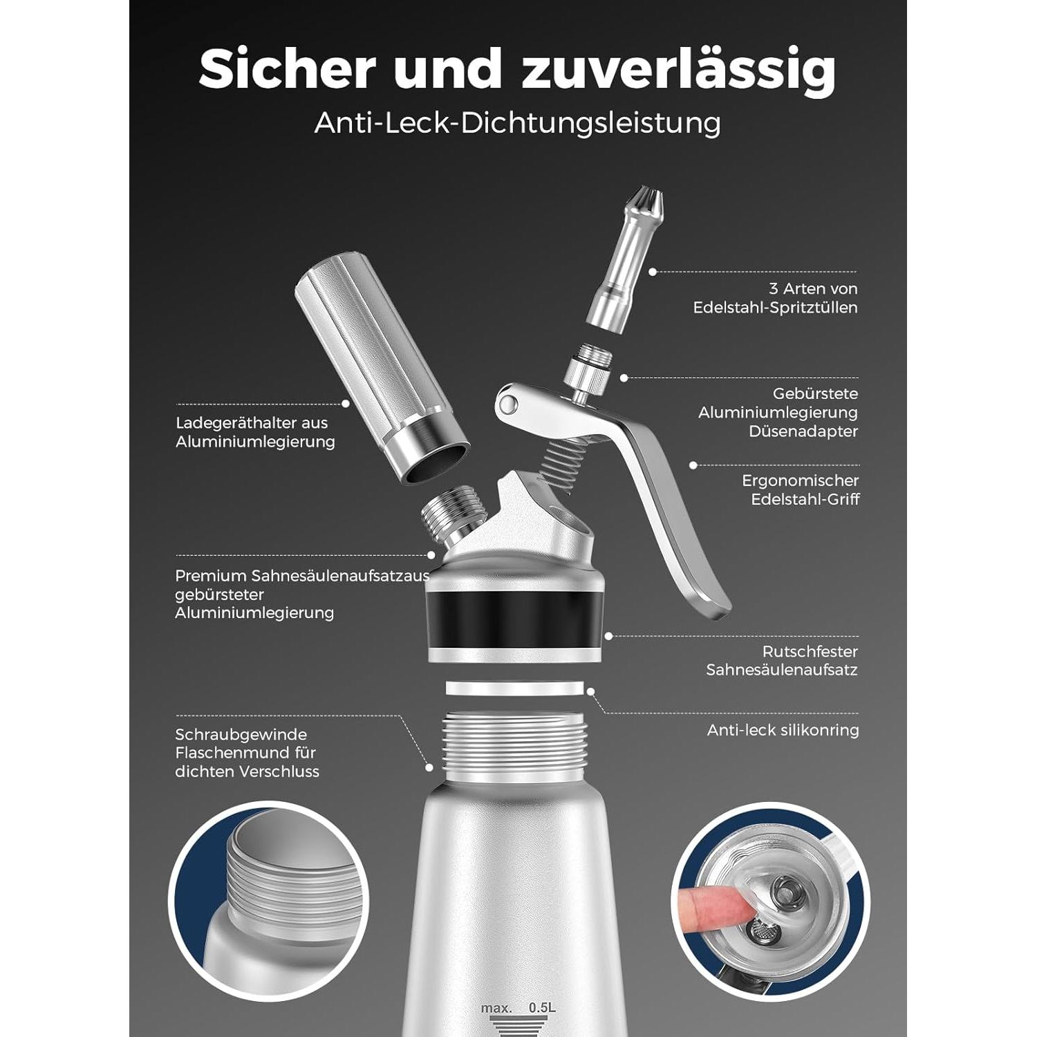 Dispensador de Crema Batida SimCoker 500ml con 3 Boquillas