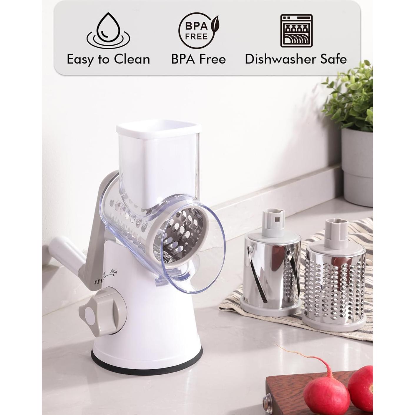 Rallador de Queso Rotatorio LucGee 3 en 1 Acero Inoxidable Blanco