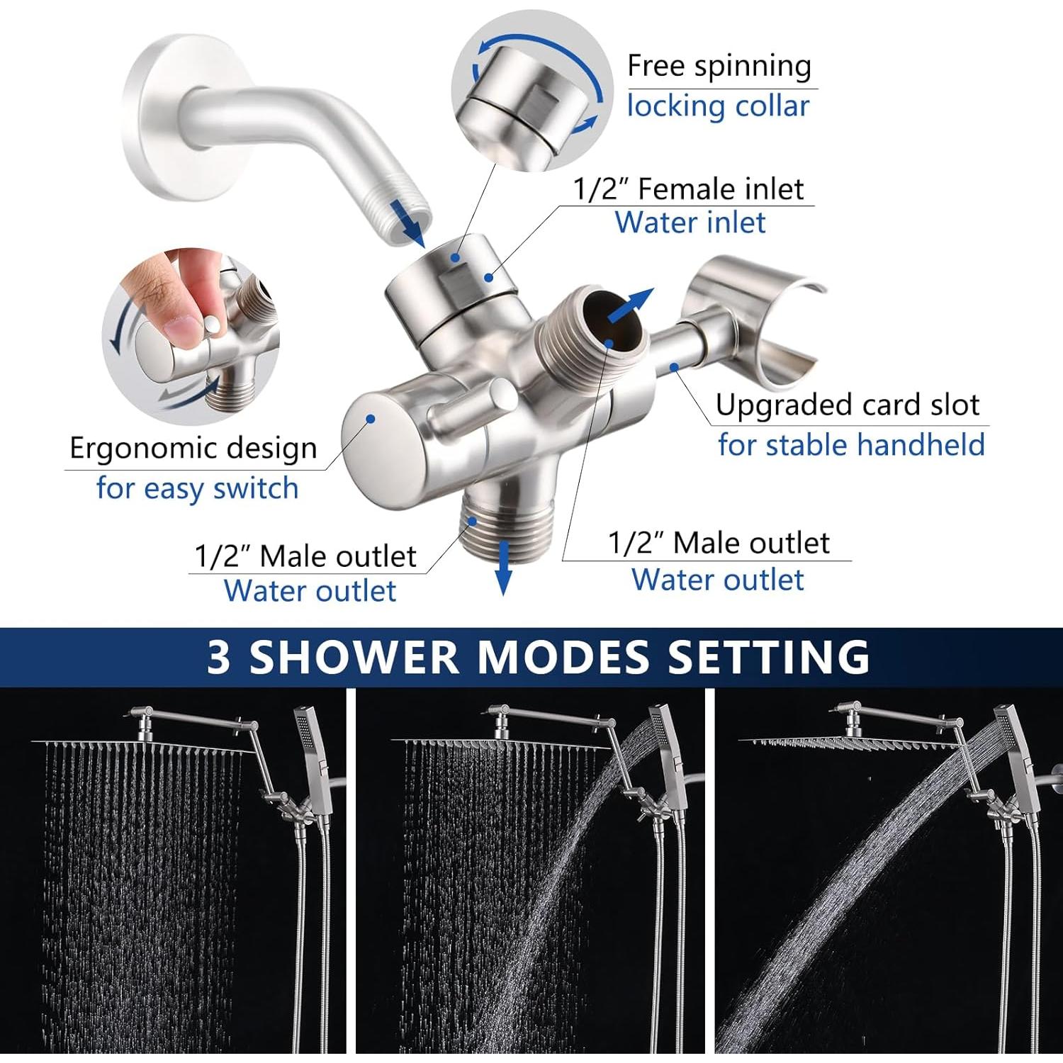 Cabezal de Ducha de Lluvia PDPBath 12" con Mano y Brazo 16"