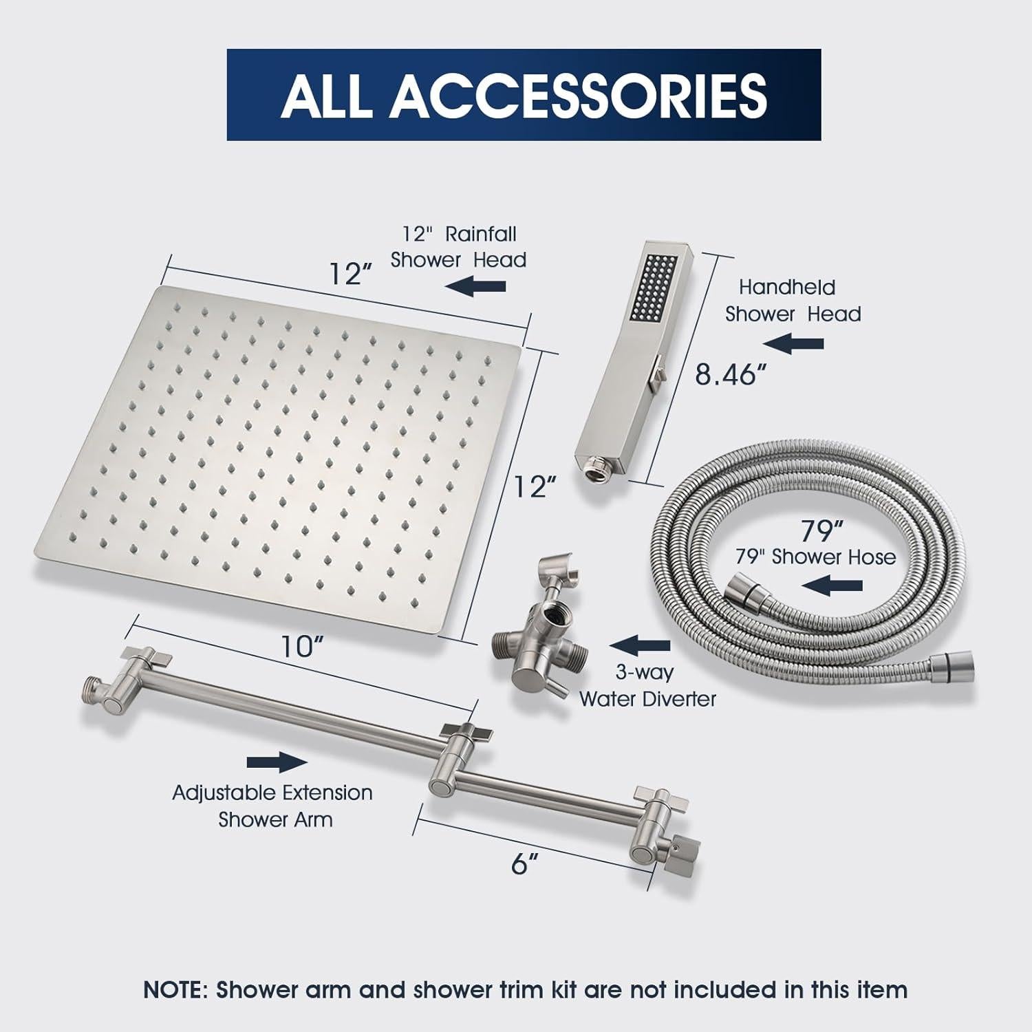 Cabezal de Ducha de Lluvia PDPBath 12" con Mano y Brazo 16"