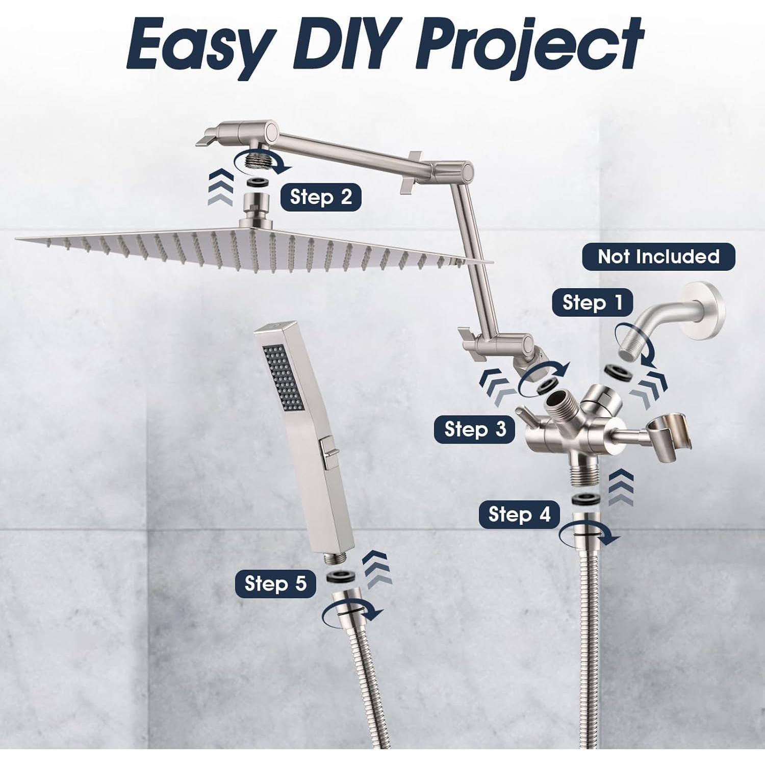 Cabezal de Ducha de Lluvia PDPBath 12" con Mano y Brazo 16"