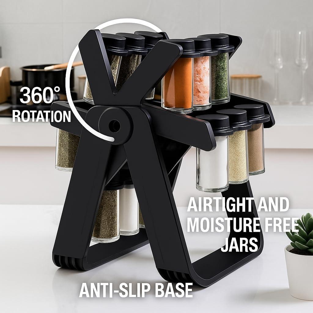 Organizador de Especias Giratorio A&K, 18 Frascos de Vidrio, Negro