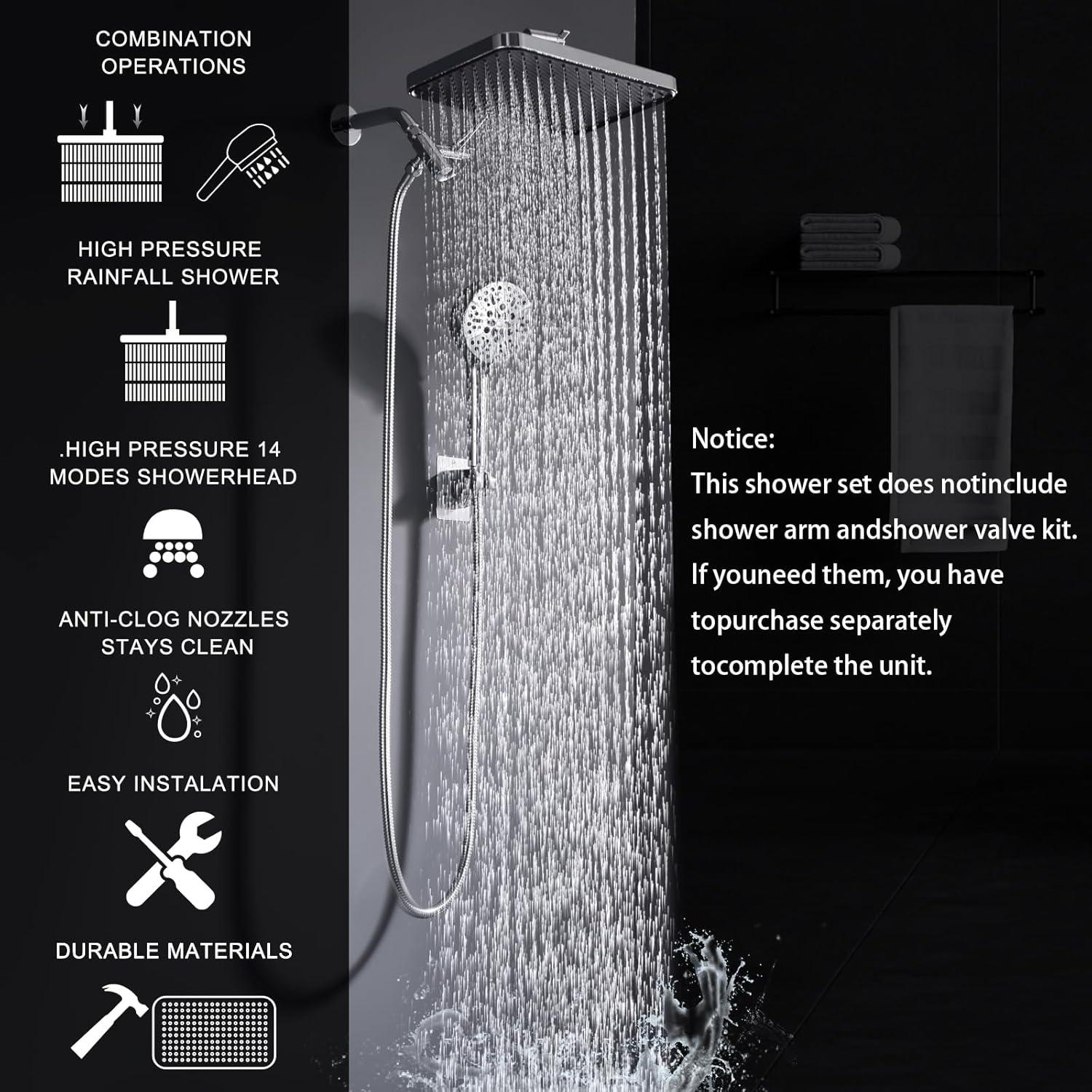 Cabezal de Ducha Filtrado BSTGZLUXU 14" con 3 Modos y Manguera 177.8 cm