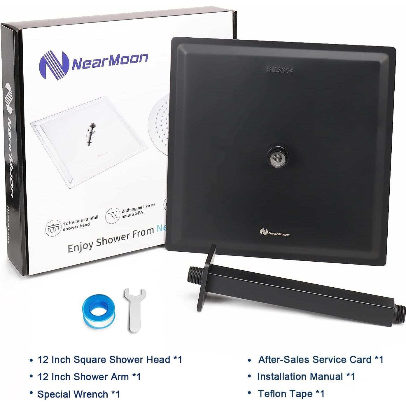 Cabezal de Ducha de Lluvia NearMoon 30.48 cm Acero Inoxidable Negro Mate