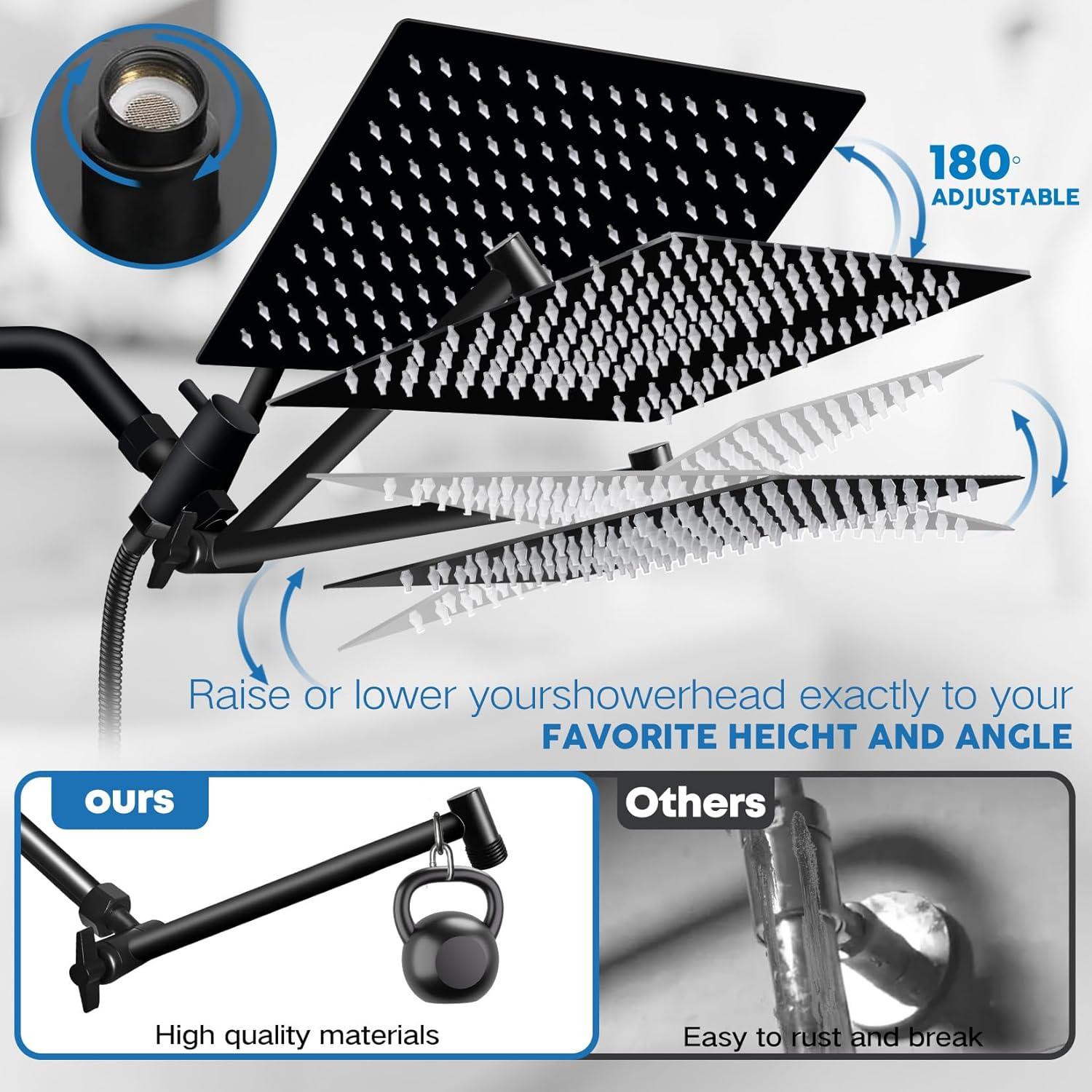 Cabezal de Ducha Ashwanth 12" Alta Presión Negro Acero Inoxidable