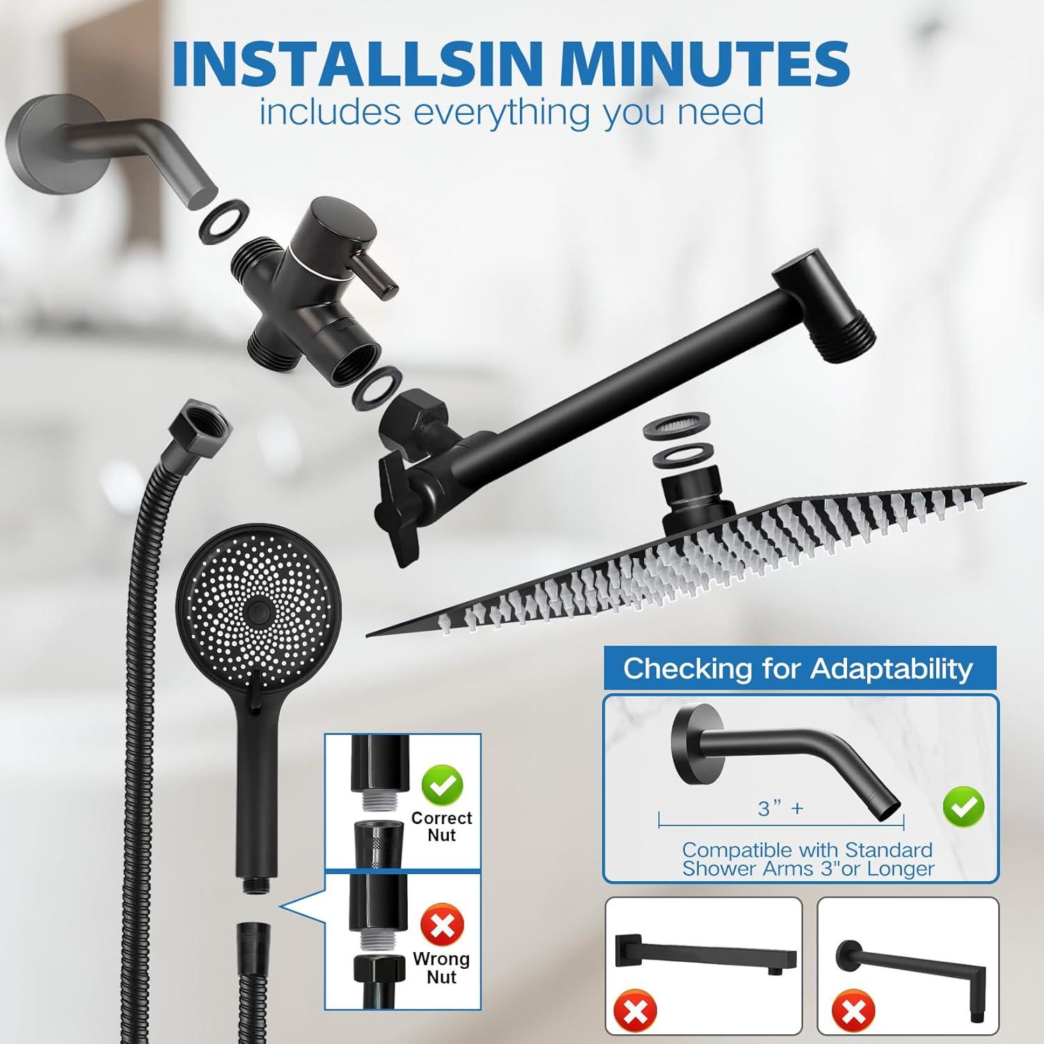 Cabezal de Ducha Ashwanth 12" Alta Presión Negro Acero Inoxidable