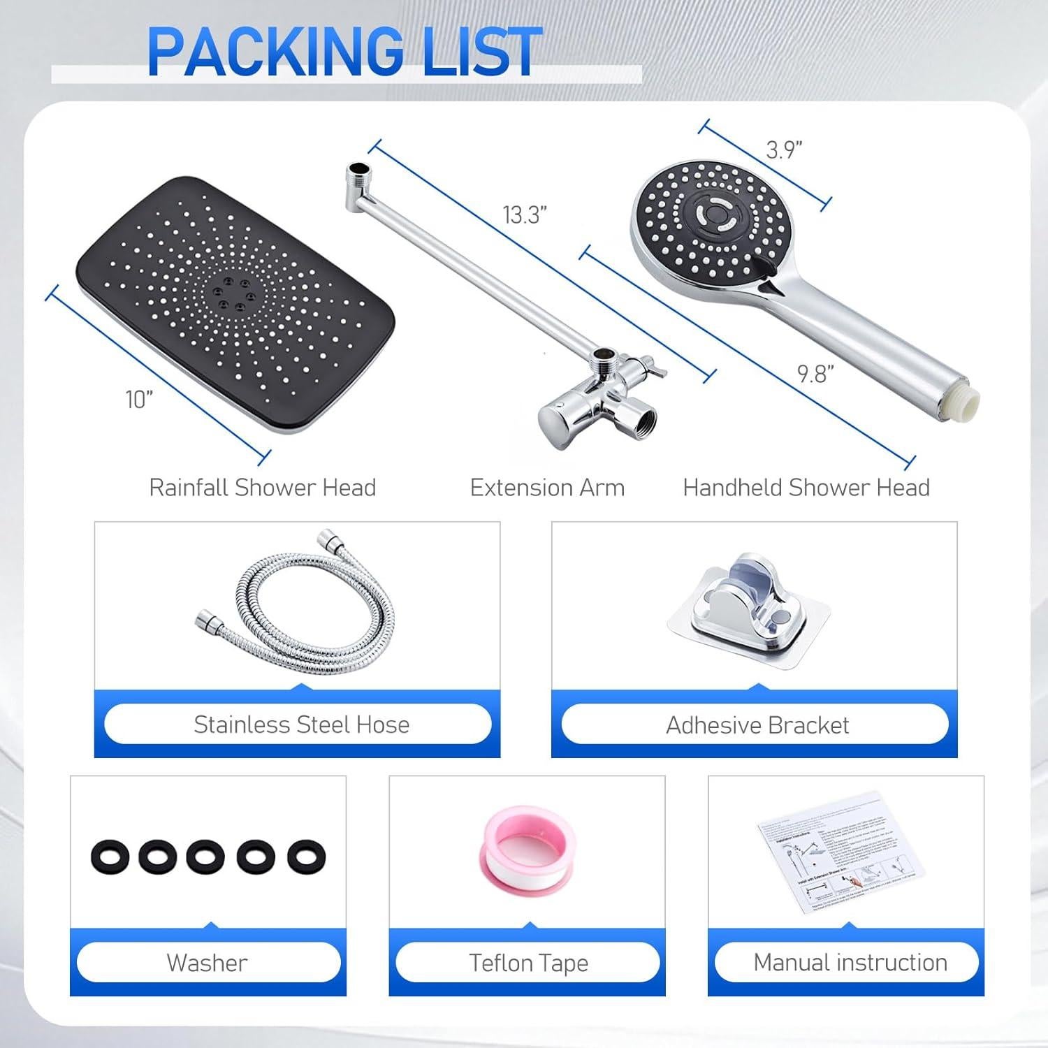 Cabezal de Ducha de Lluvia SeaCity 10" con 5 Modos y Brazo Ajustable