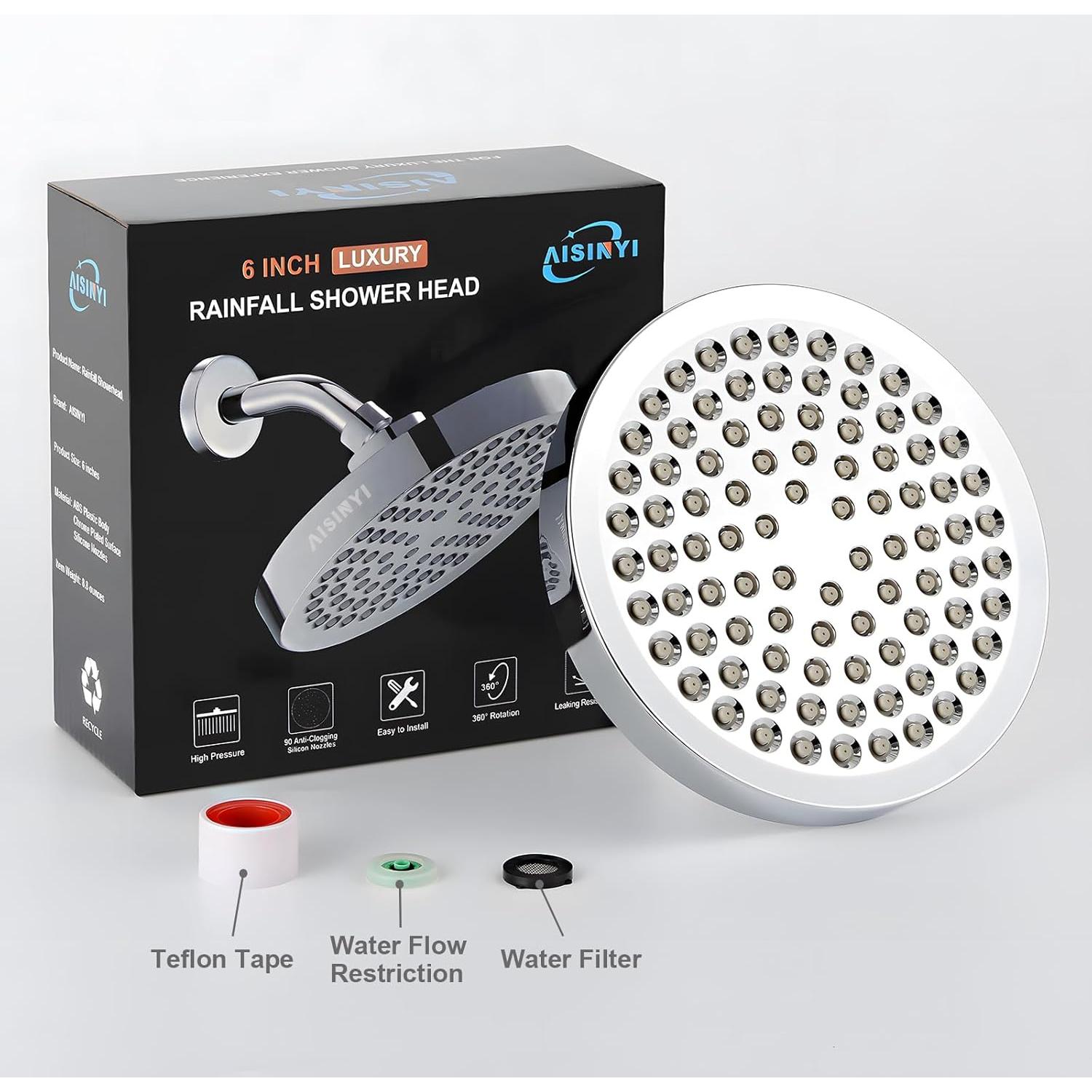 Cabezal de Ducha de Lluvia AISINYI 15 cm Alta Presión Cromado