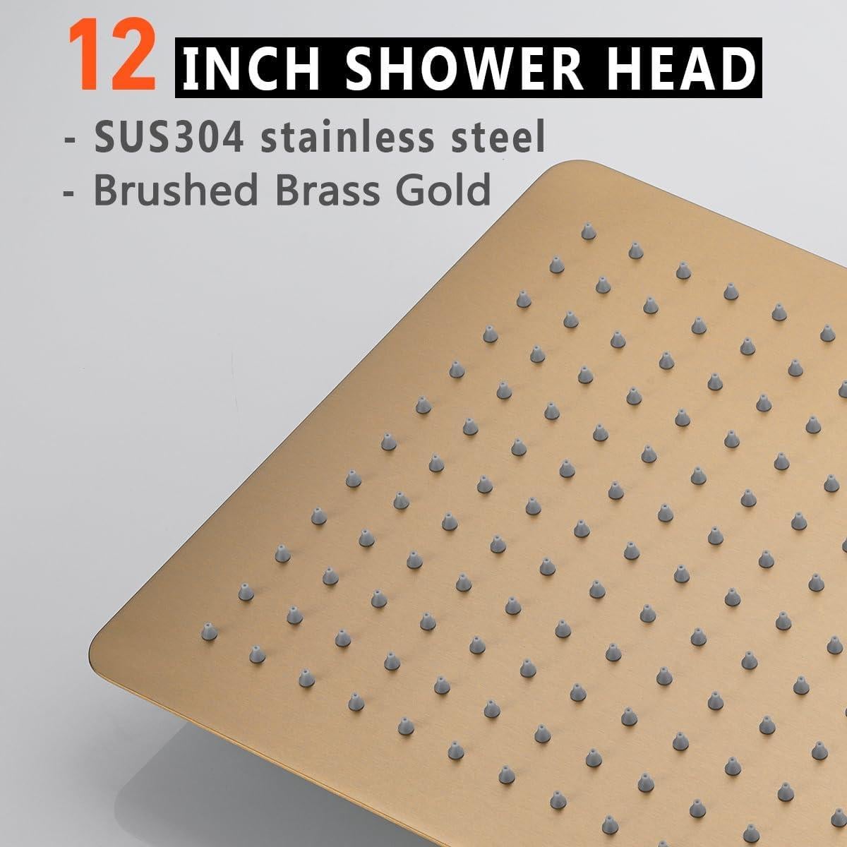 Rainfall Shower Head, BSTIIU 12 Inch Square Shaped Rain Shower Head, Ultra Thin Stainless Steel Ceiling or Wall Mounted Showerheads, Brushed Brass Gold