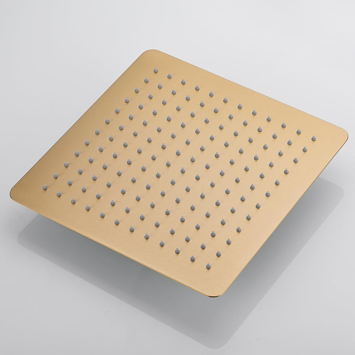 Rainfall Shower Head, BSTIIU 12 Inch Square Shaped Rain Shower Head, Ultra Thin Stainless Steel Ceiling or Wall Mounted Showerheads, Brushed Brass Gold