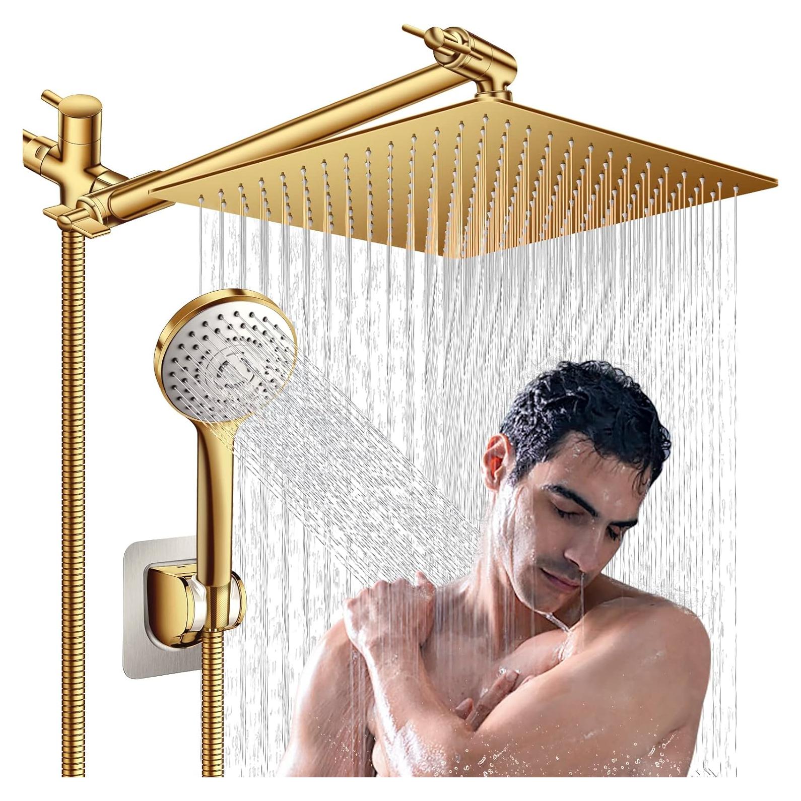 Cabezal de Ducha de Lluvia 30 cm PinWin Oro Cepillado con Mano