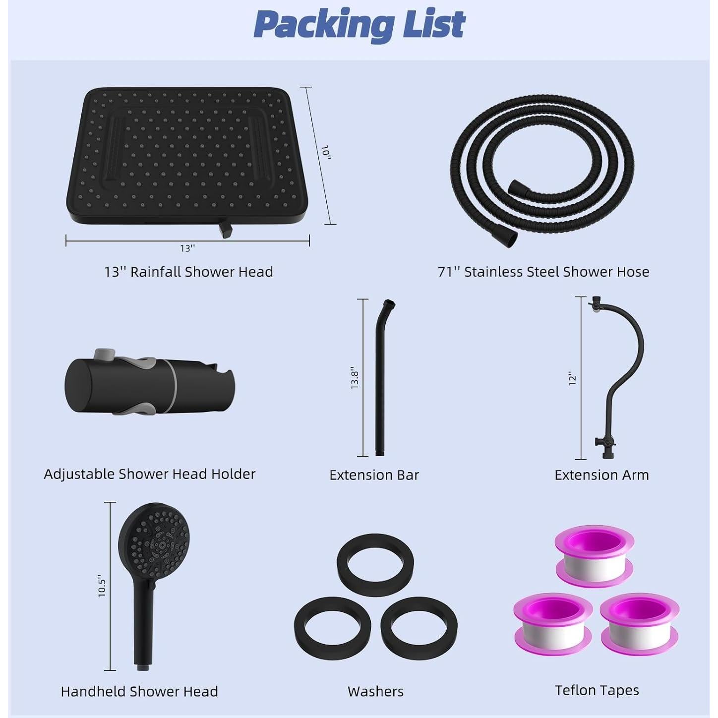 Cabezal de Ducha Hibbent 33 cm Alta Presión 5 Modos Negro Mate