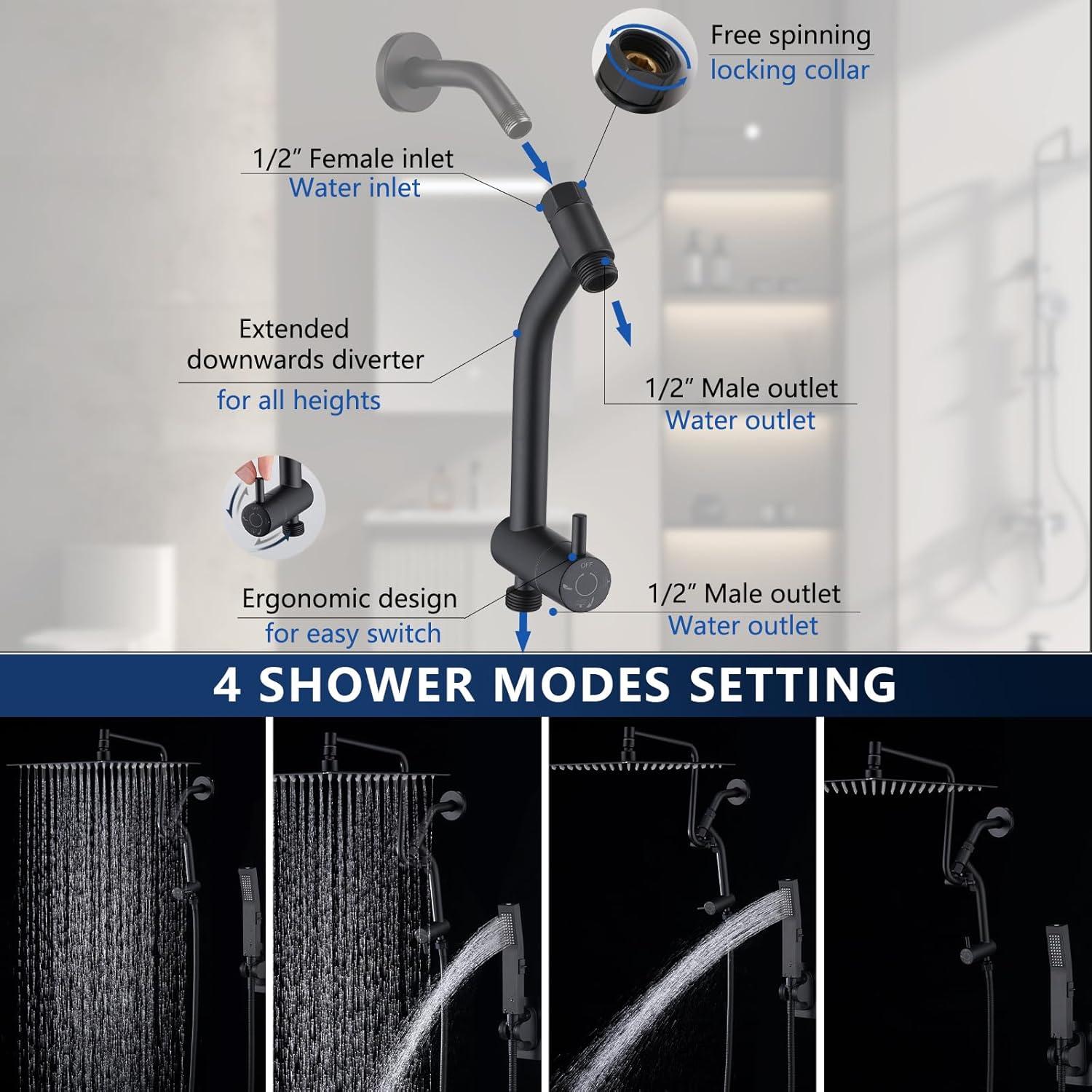 Cabezal de Ducha de Lluvia PDPBath 12" con Mano y Diverter 3 Vías