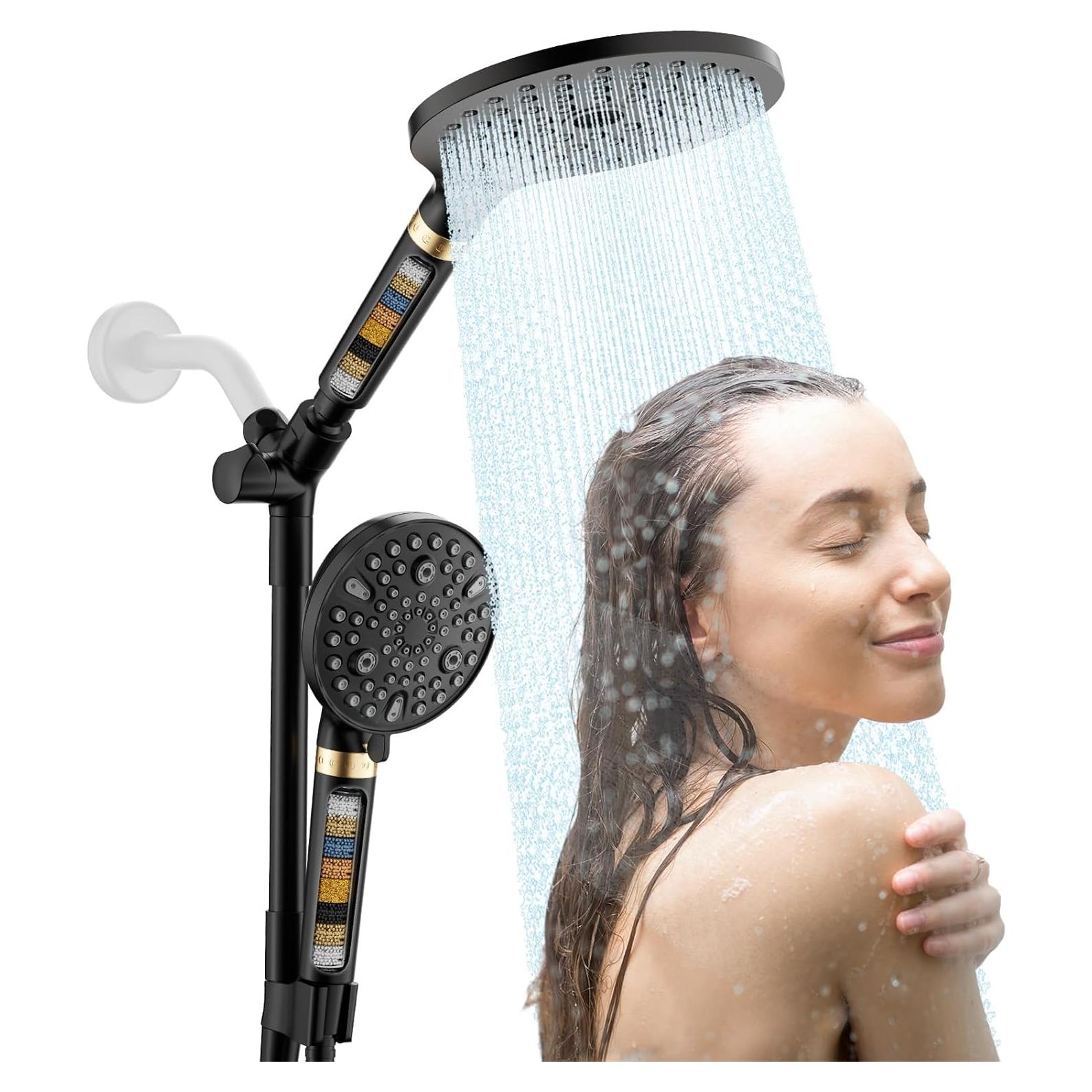 Cabezal de Ducha Doble JONKEAN Filtrado 19 cm 9 Modos Negro