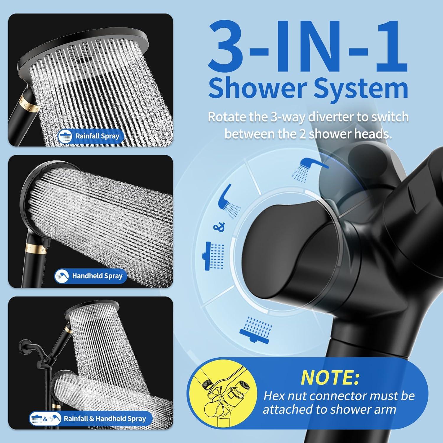 Cabezal de Ducha Doble JONKEAN Filtrado 19 cm 9 Modos Negro