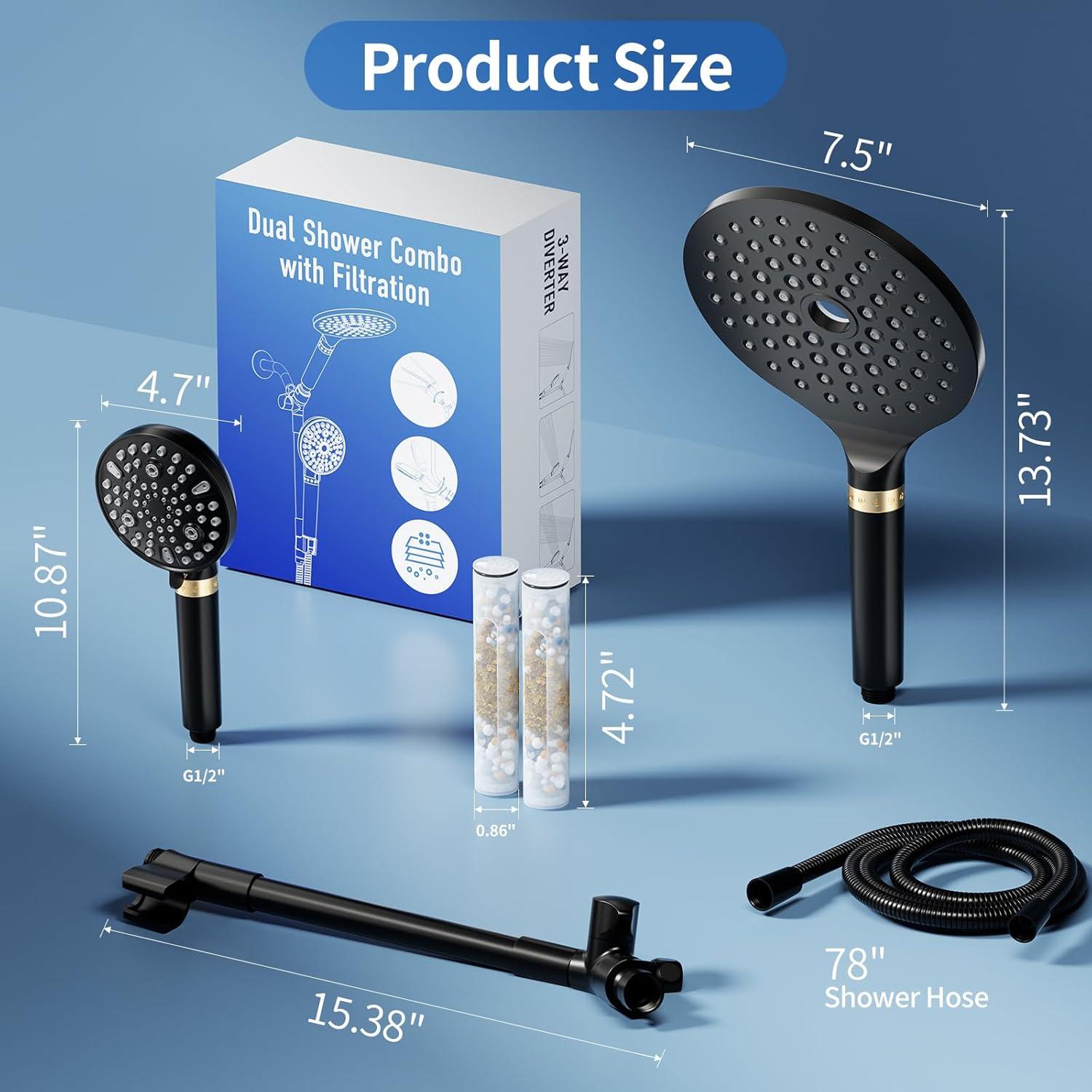 Cabezal de Ducha Doble JONKEAN Filtrado 19 cm 9 Modos Negro