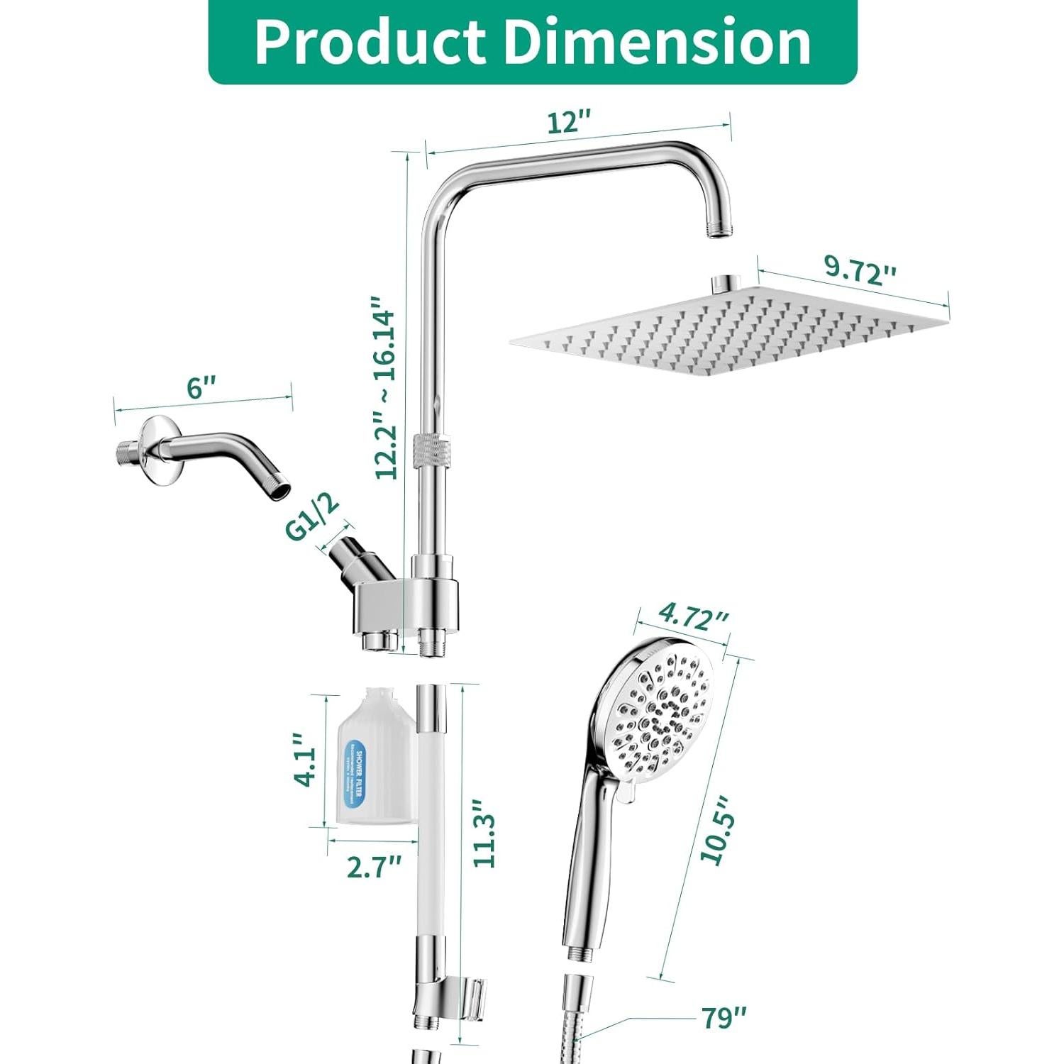 Cabezal de Ducha Filtrada HEROBAI 10" con Spray de Mano y Manguera