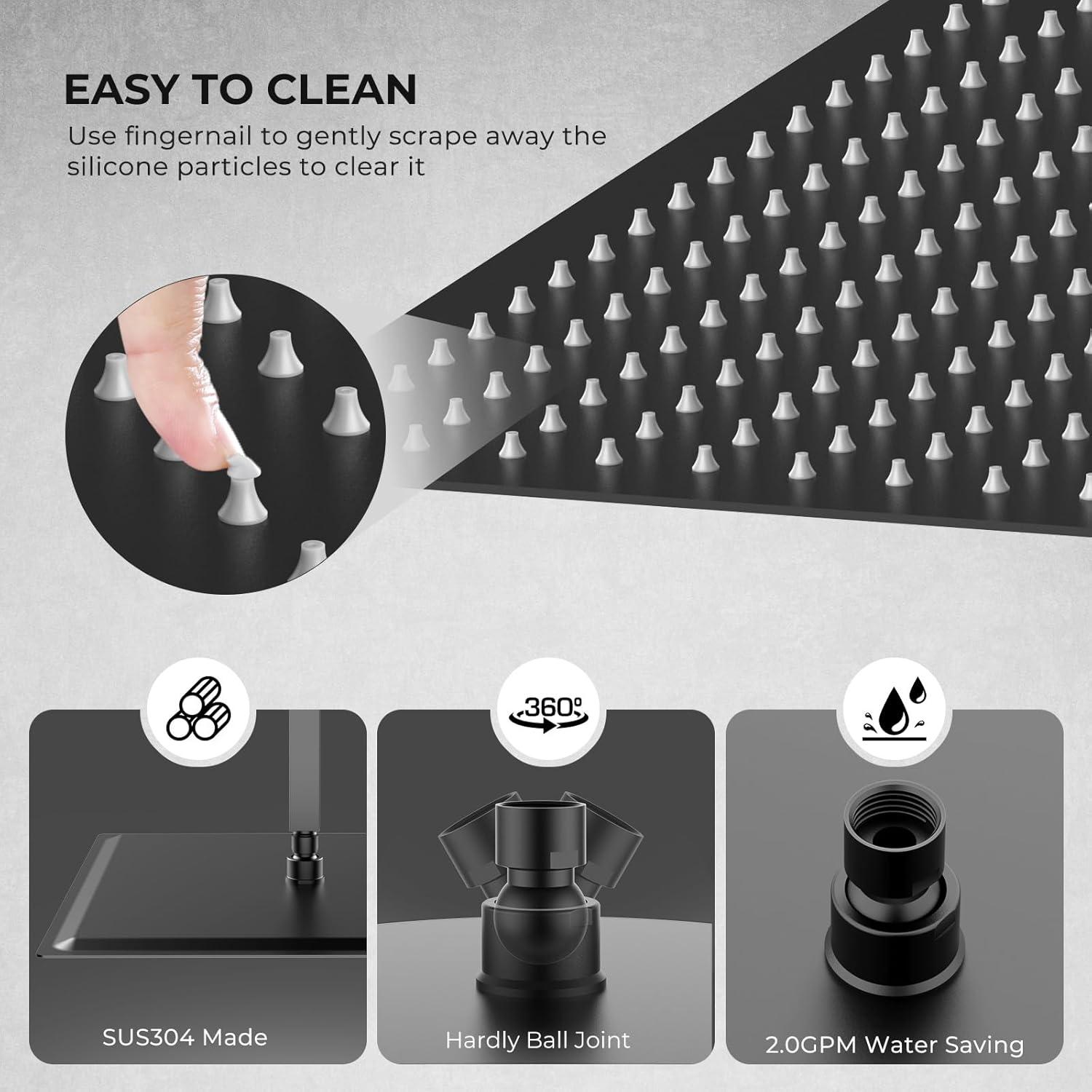 Cabezal de Ducha de Lluvia BORLON 16" Acero Inoxidable Negro Mate