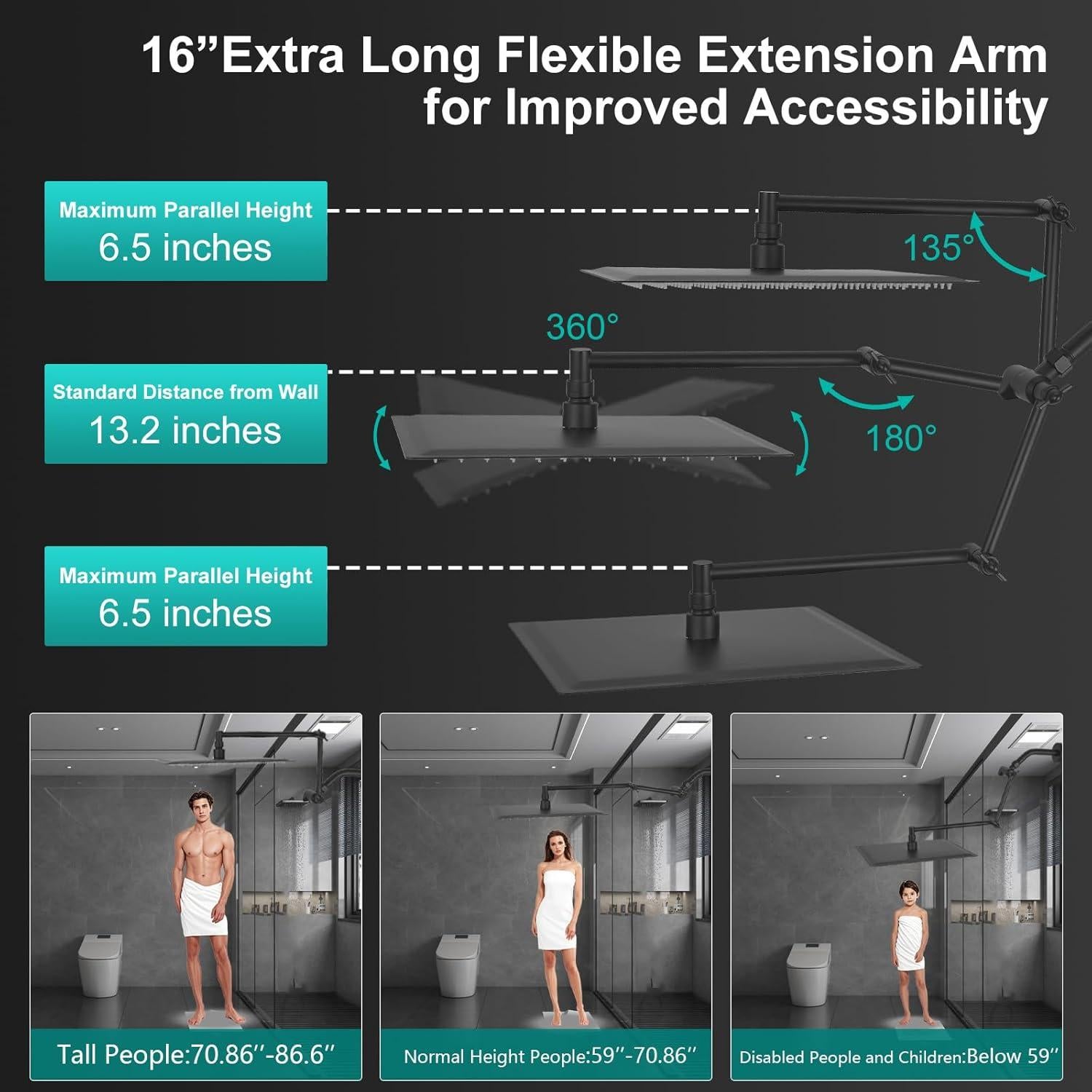 Cabezal de Ducha de Lluvia KEBAO 10" Cuadrado Metal Negro Mate