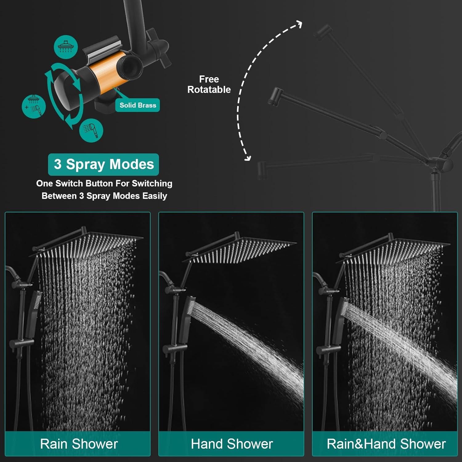 Cabezal de Ducha de Lluvia KEBAO 10" Cuadrado Metal Negro Mate