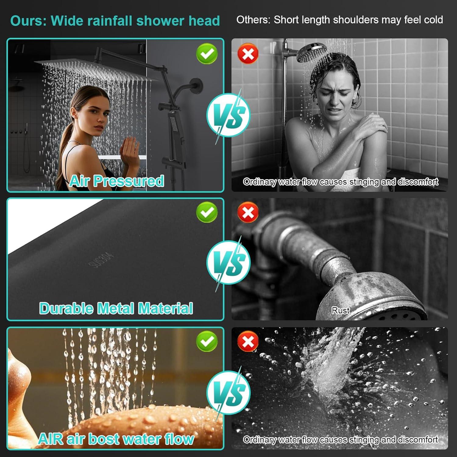 Cabezal de Ducha de Lluvia KEBAO 10" Cuadrado Metal Negro Mate