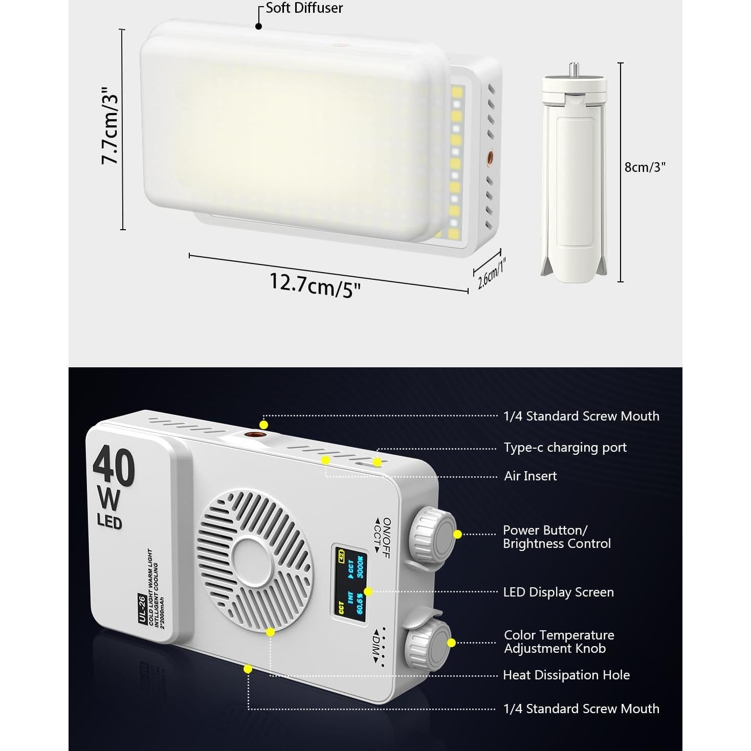 Luz LED Portátil 40W Yeaki para Cámara 4000mAh 3000-7000K