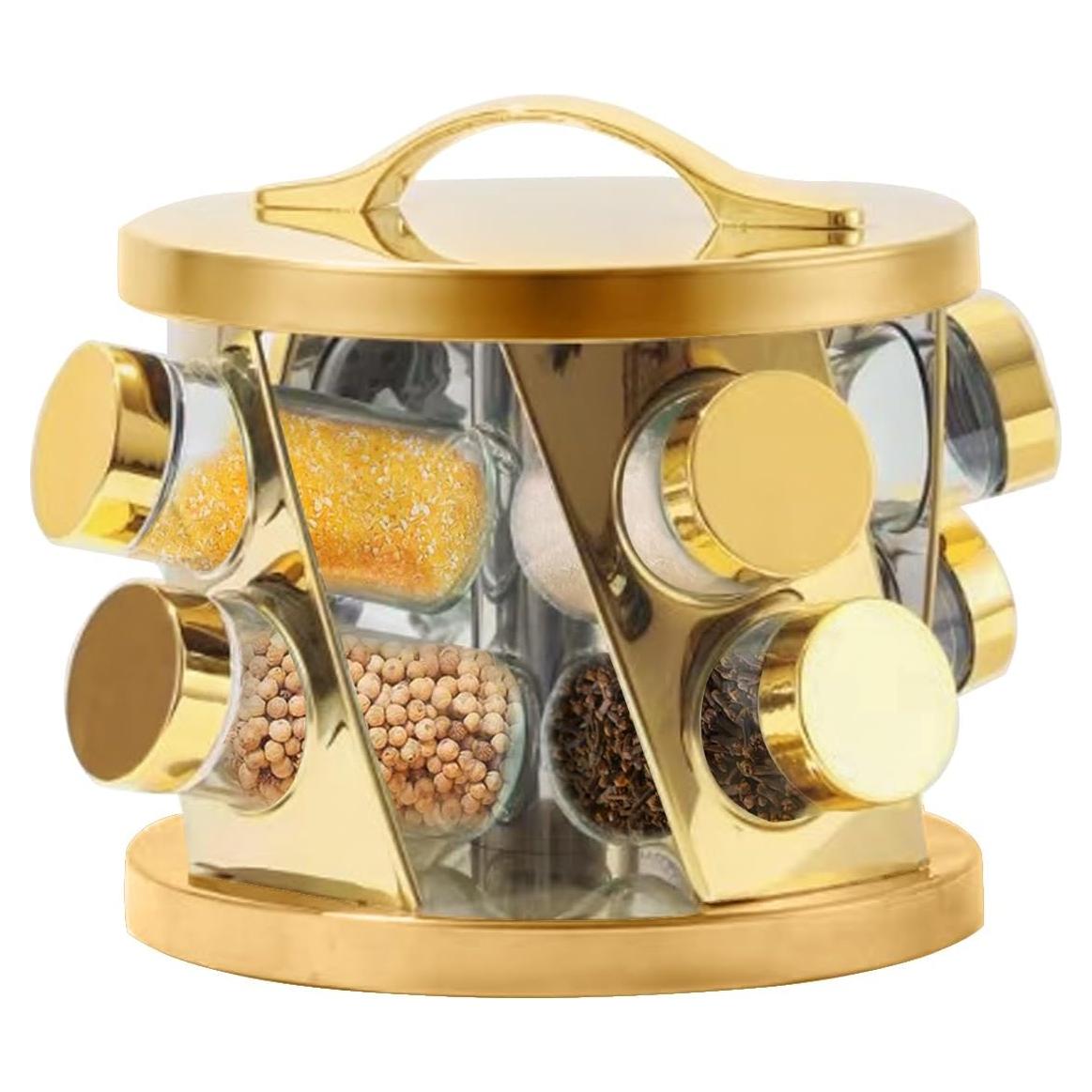 Estante de Especias TINMIX Dorado con 8 Tarros de Acero Inoxidable
