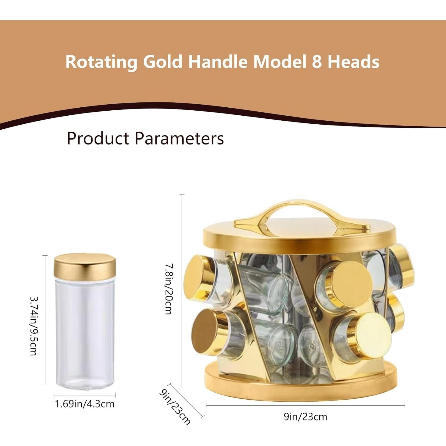 Estante de Especias TINMIX Dorado con 8 Tarros de Acero Inoxidable