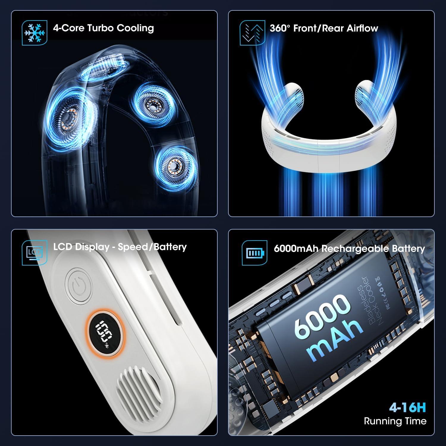 Ventilador de Cuello Recargable OLV 6000mAh 3 Velocidades LED - Blanco