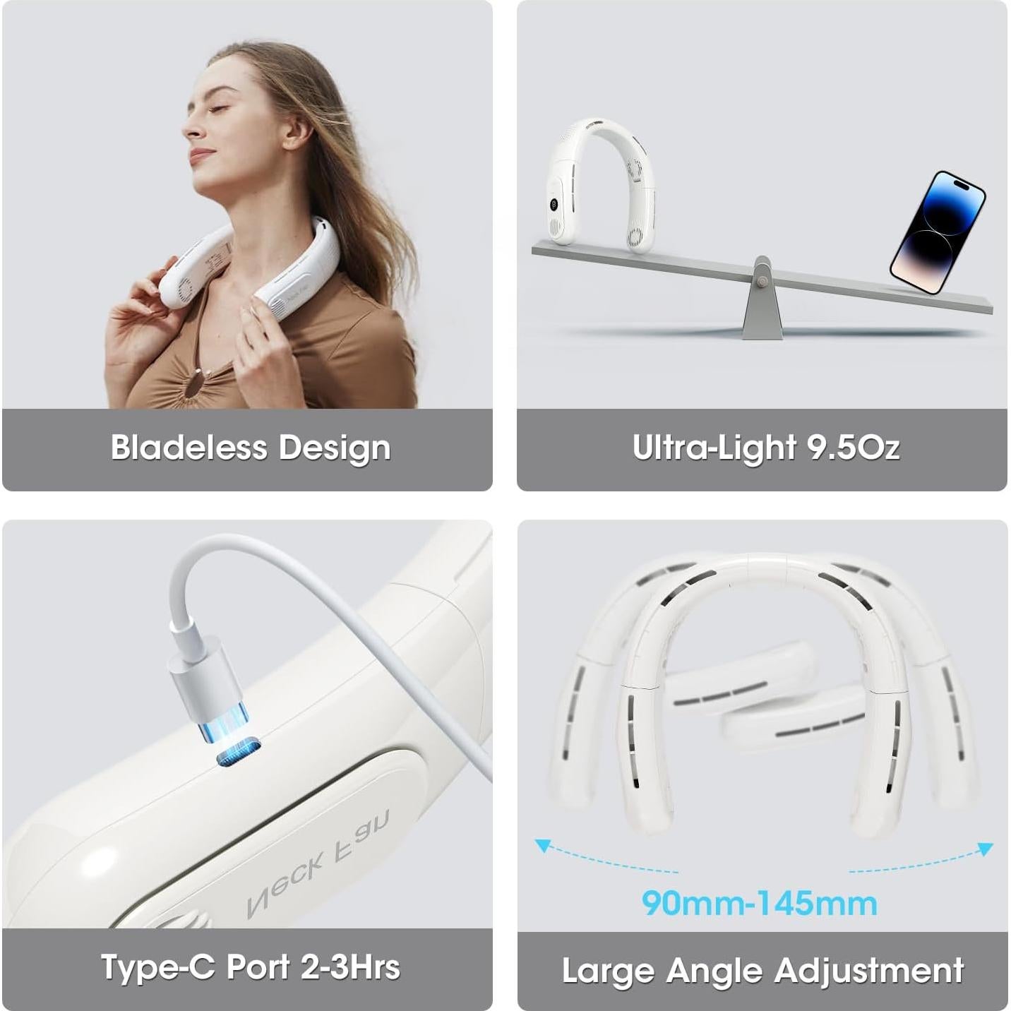 Ventilador de Cuello Recargable OLV 6000mAh 3 Velocidades LED - Blanco