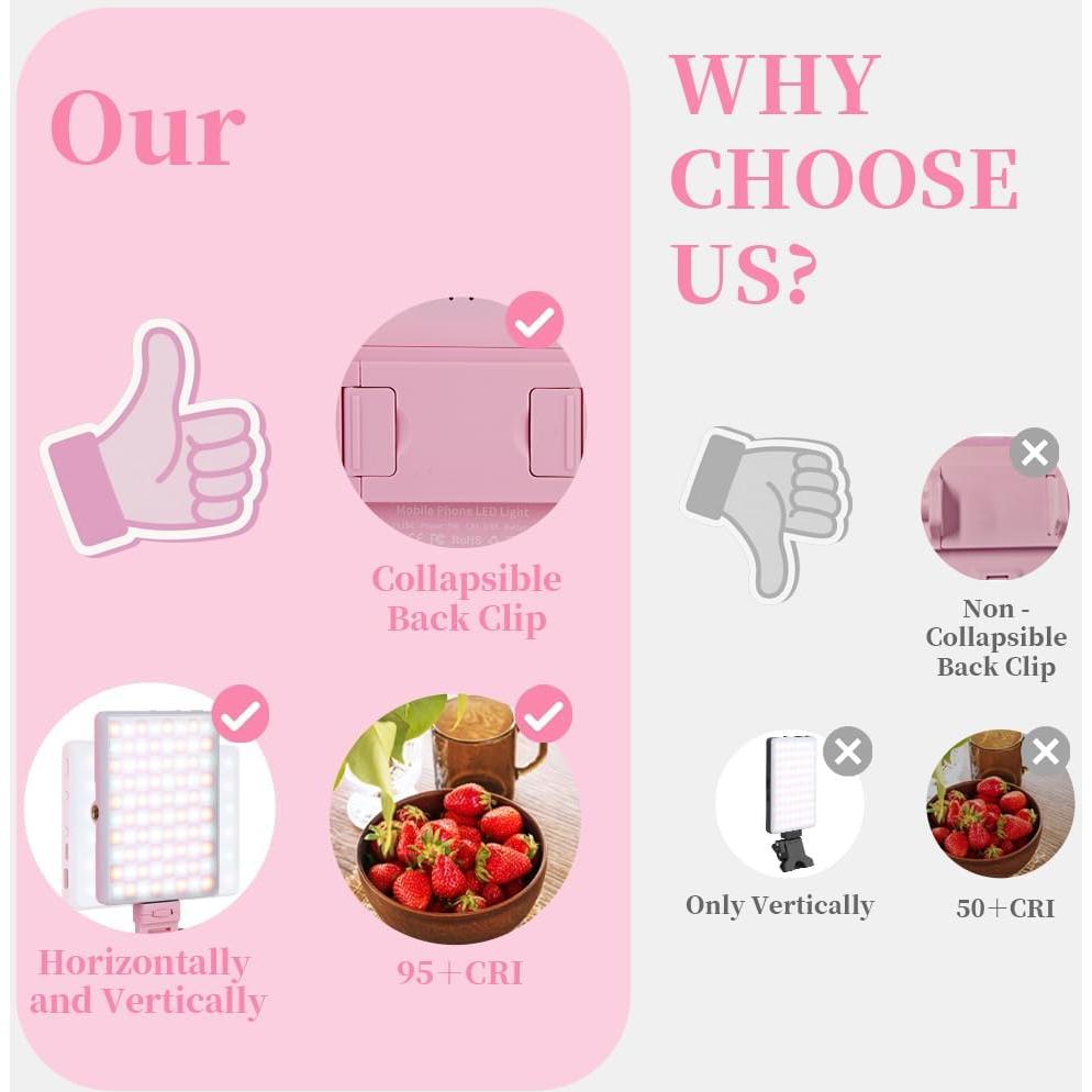 Luz LED para Selfie INS Rosa, Clip Portátil, 3 Modos, 2000mAh