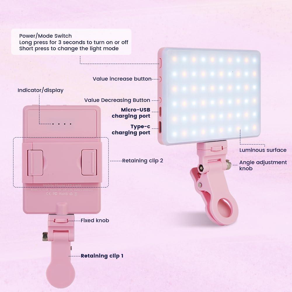 Luz LED para Selfie INS Rosa, Clip Portátil, 3 Modos, 2000mAh