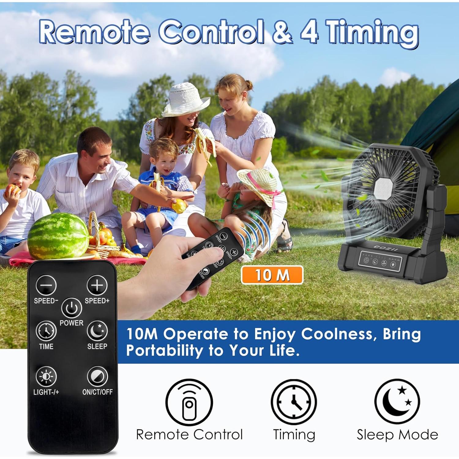 Ventilador a Batería COZII HY8206 Recargable 20000mAh con Linterna LED