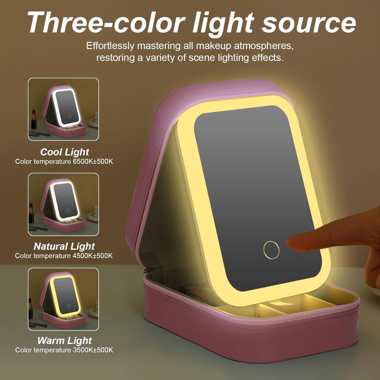 Estuche de Maquillaje LED YUANHAILI Rosa con Espejo Ajustable