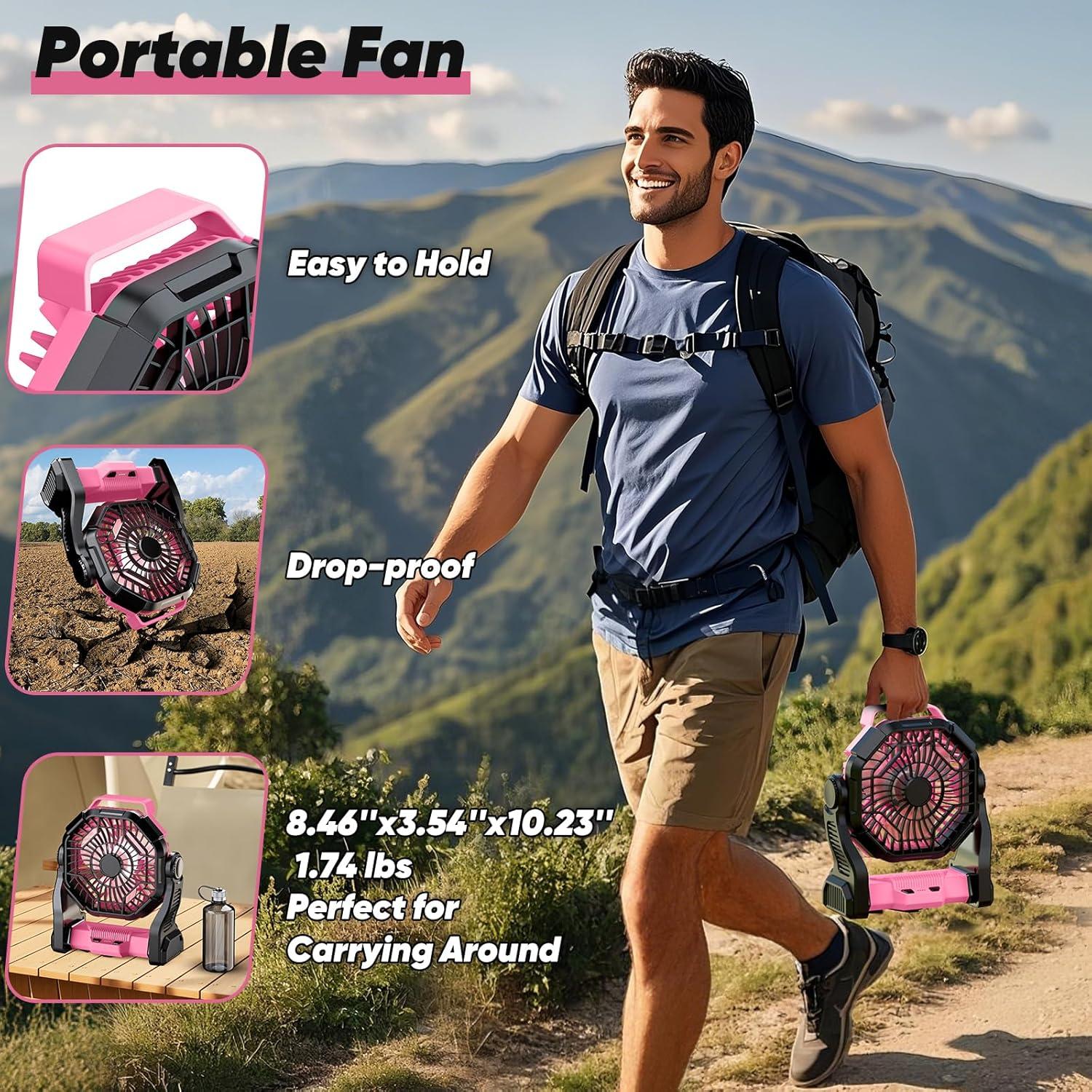 Ventilador de Camping Recargable MATULSA A23 10" Rosa con LED