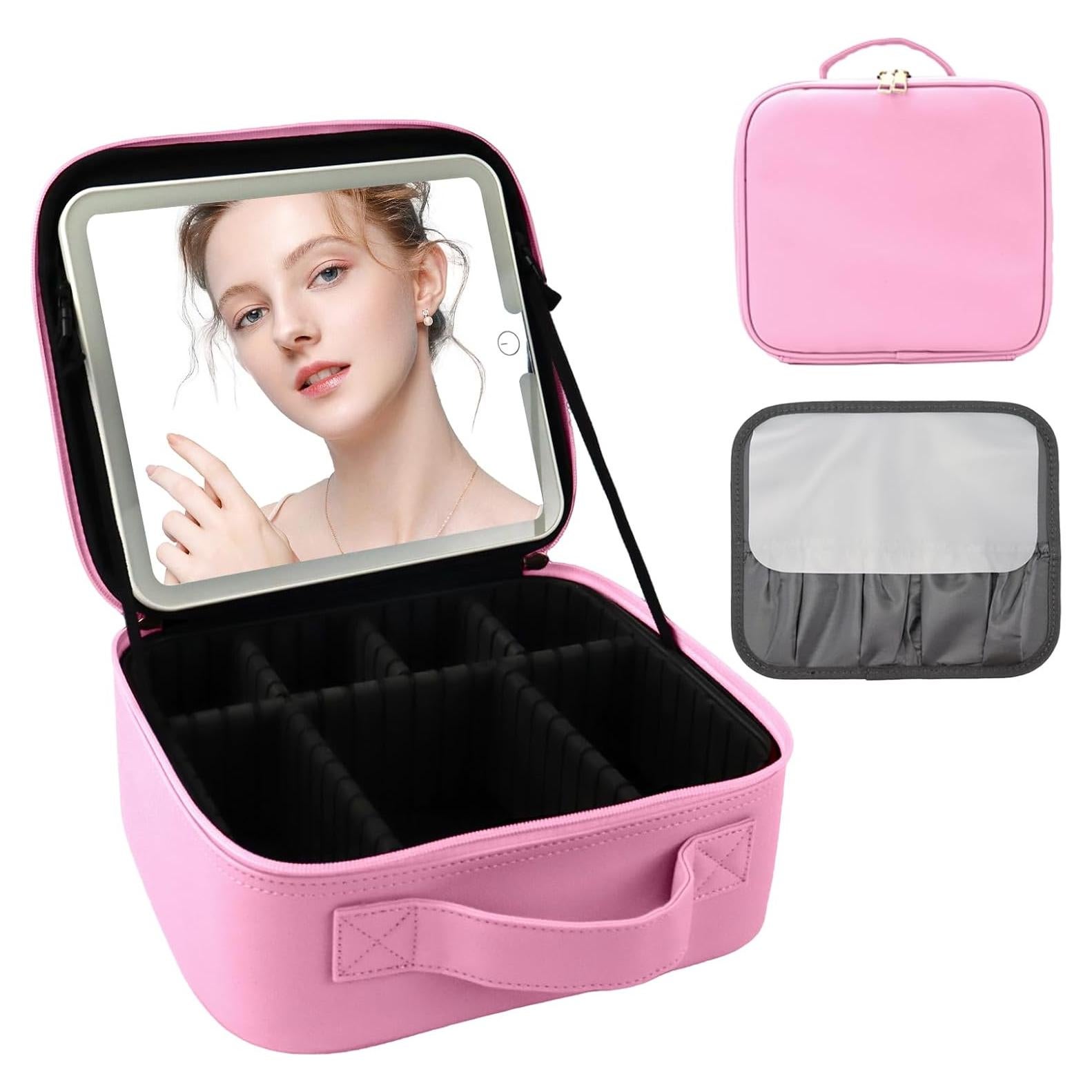 Bolsa de Maquillaje de Viaje SUILU con Espejo LED Rosa Oscuro