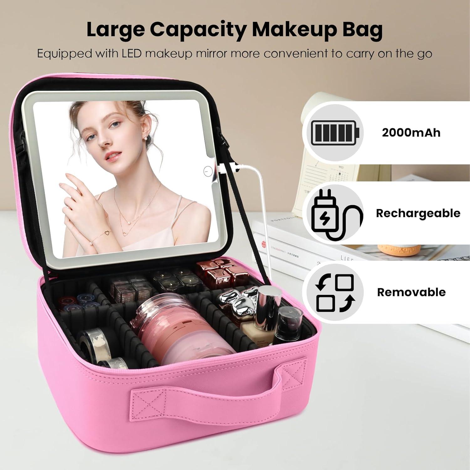 Bolsa de Maquillaje de Viaje SUILU con Espejo LED Rosa Oscuro