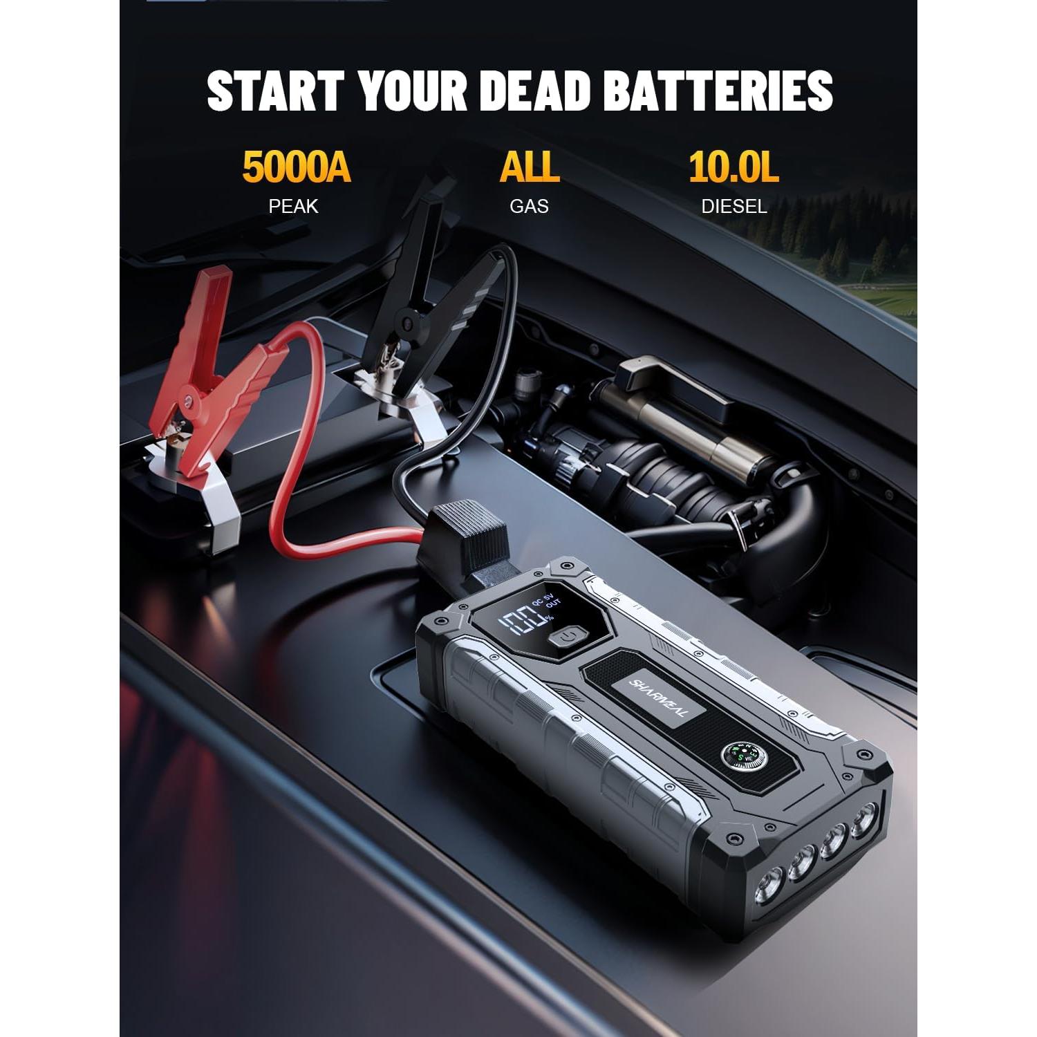 Arrancador de Coche Sharmeal GL985 5000A 12V Portátil con Luz LED