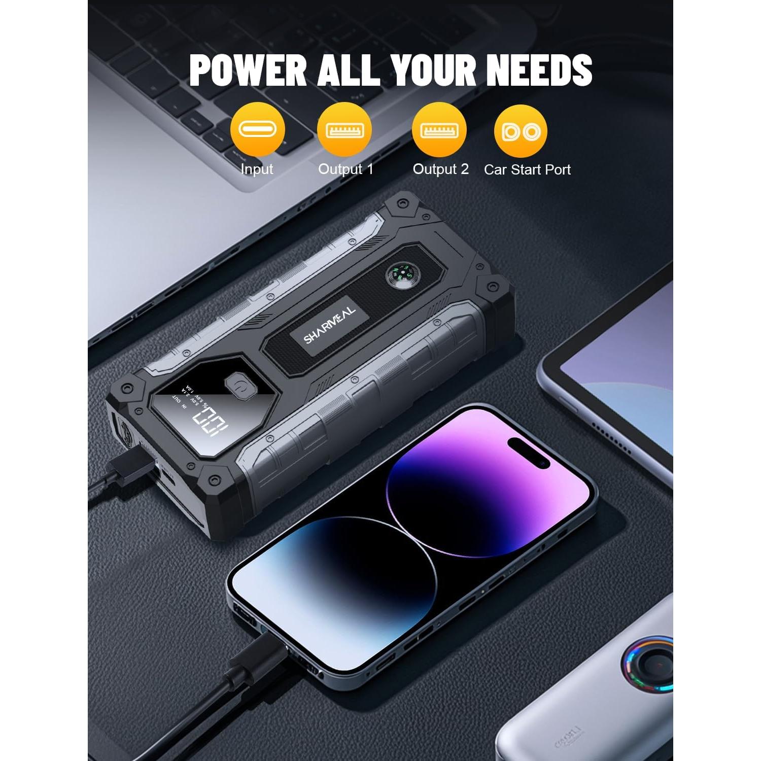 Arrancador de Coche Sharmeal GL985 5000A 12V Portátil con Luz LED