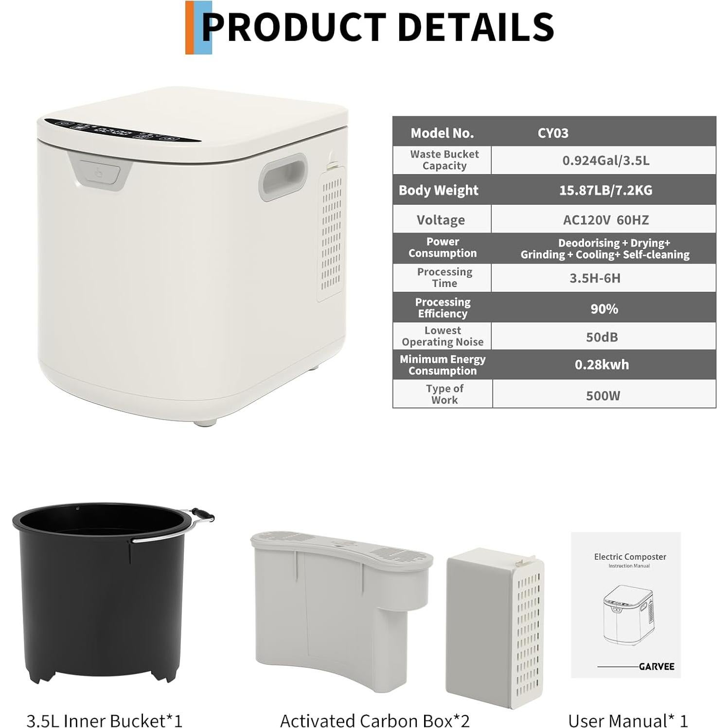 Compostador Eléctrico GarveeHome 3.5L Sin Olores y Auto-Limpieza