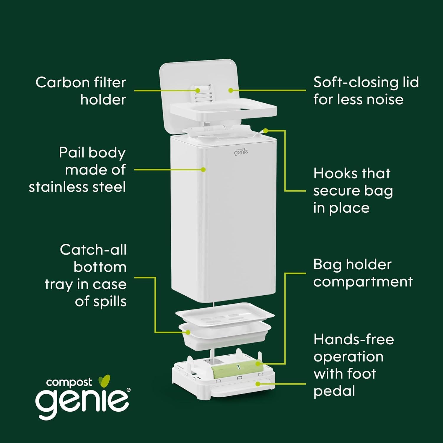 Contenedor de Compostaje de Cocina Compost Genie 13.6L Acero Inoxidable Blanco