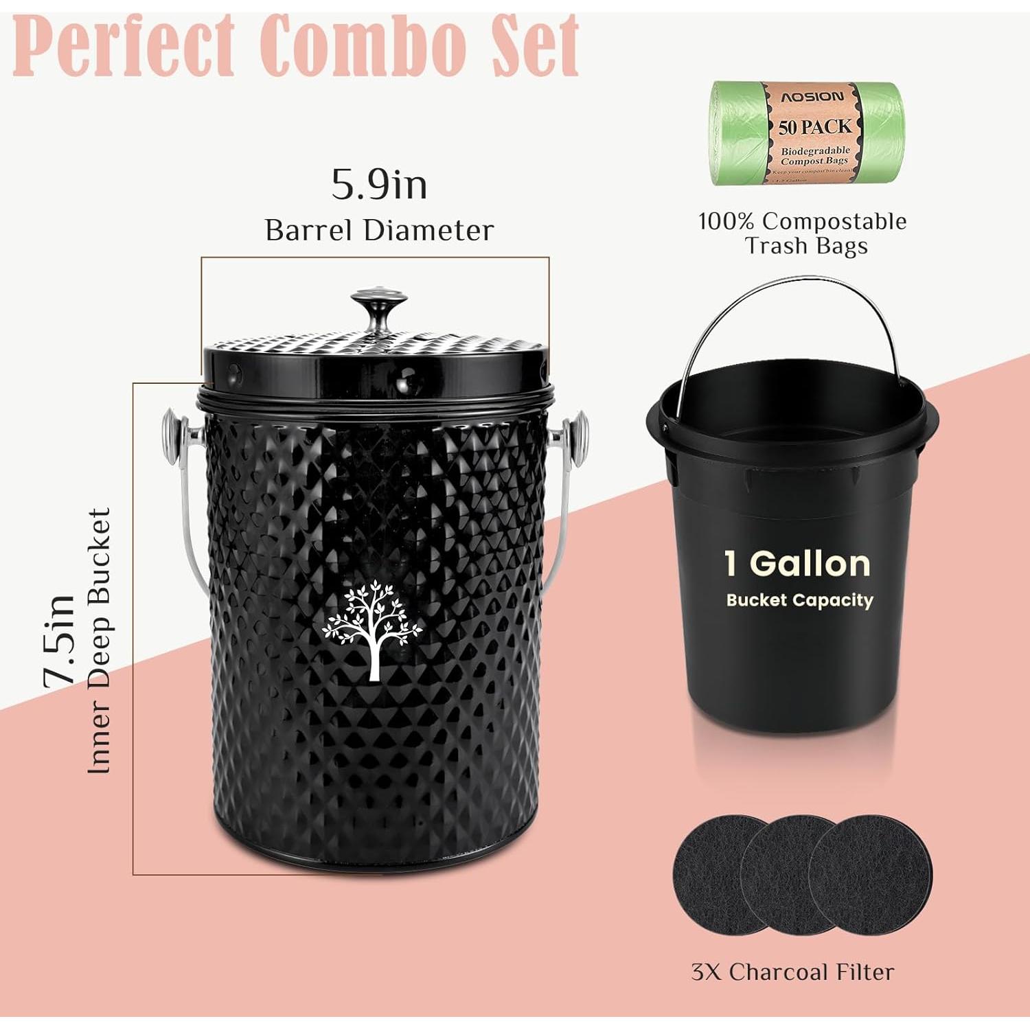 Cubo de Compostaje AOSION 3.8L Sin Olores Negro para Cocina