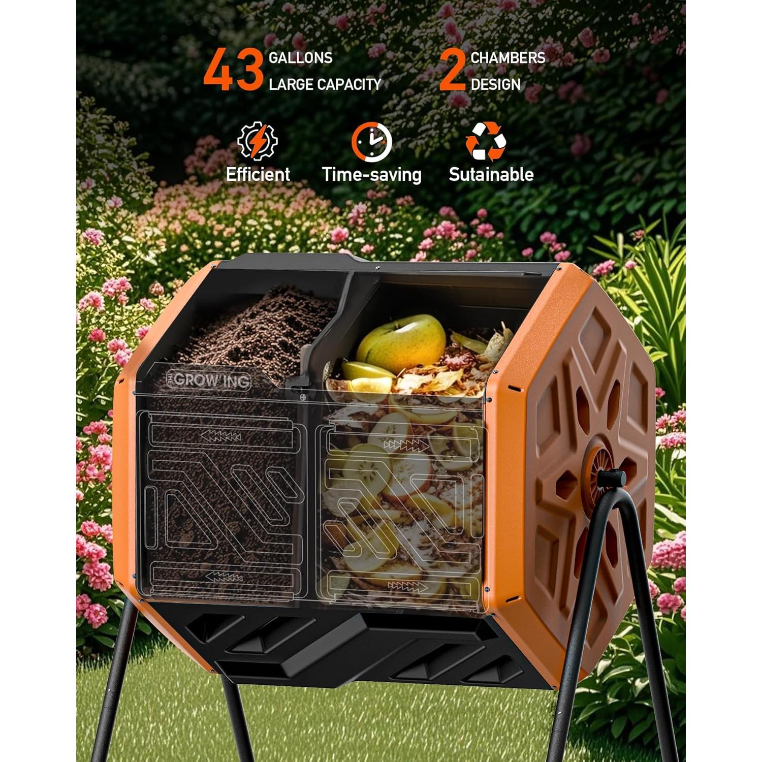 Contenedor de Compostaje Giratorio THE GROW'ING 43 Galones Naranja