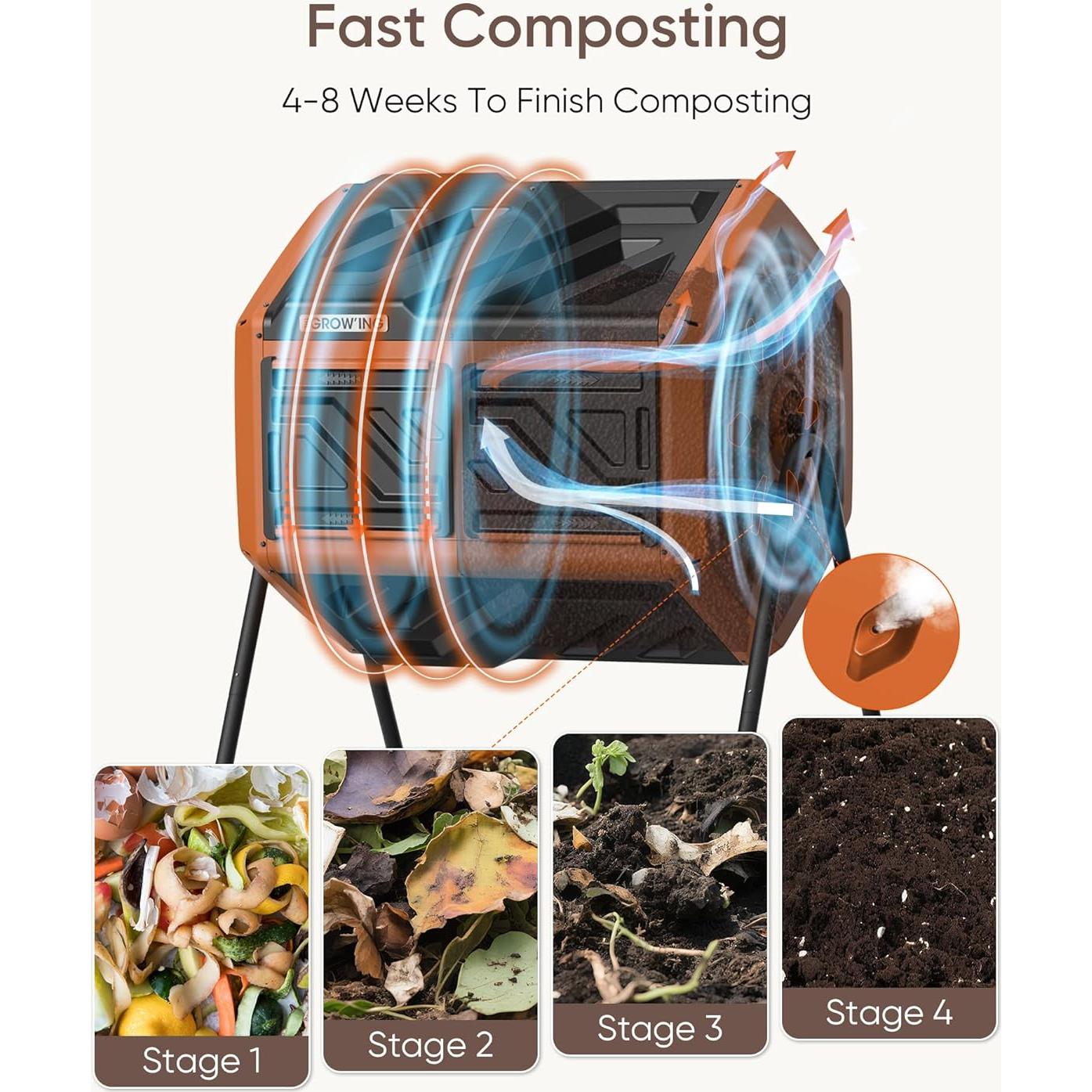 Contenedor de Compostaje Giratorio THE GROW'ING 43 Galones Naranja