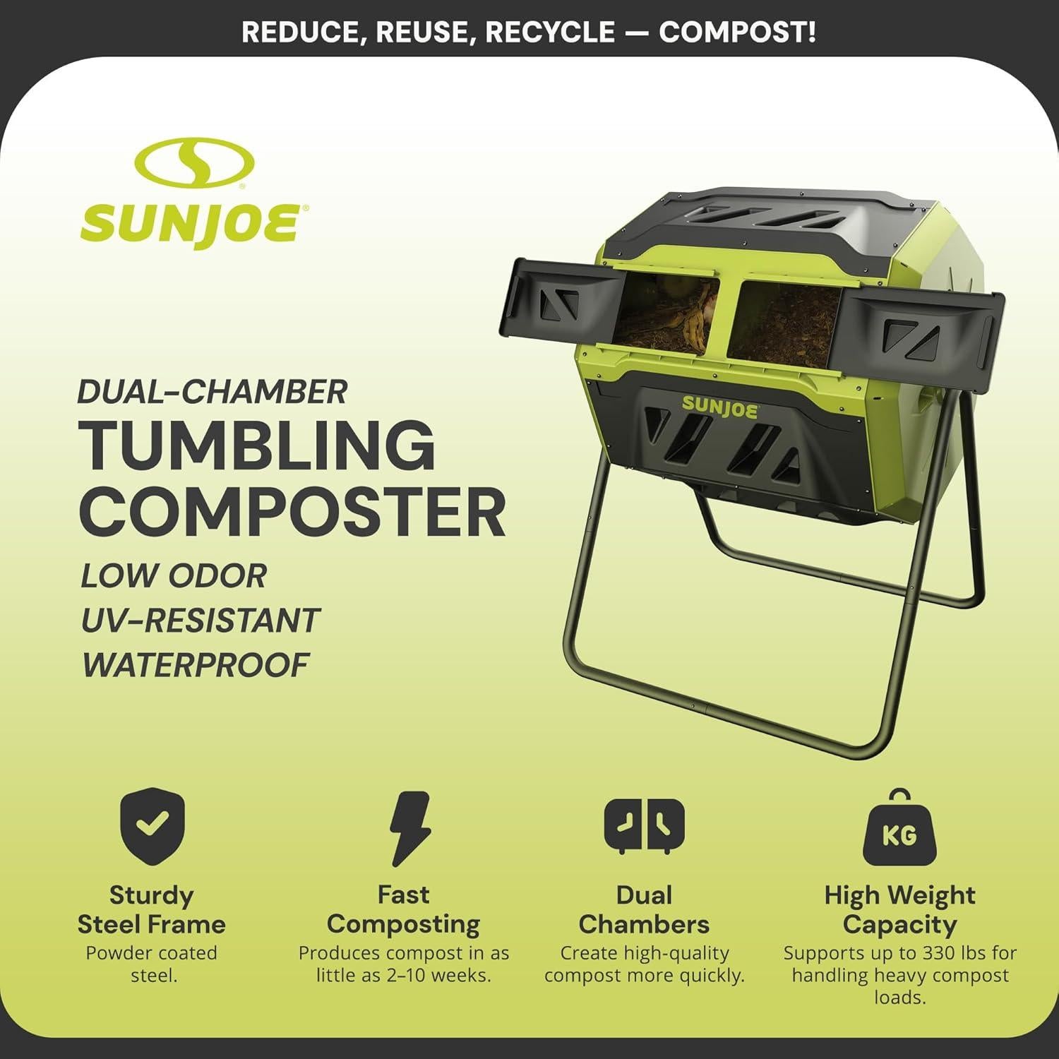 Compostador Doble Cámara Sun Joe 159L con Aeración Avanzada