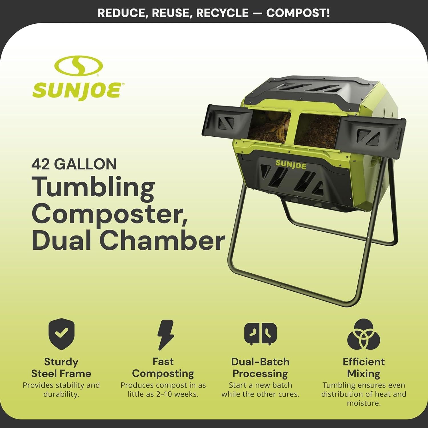 Compostador Doble Cámara Sun Joe 159L con Aeración Avanzada