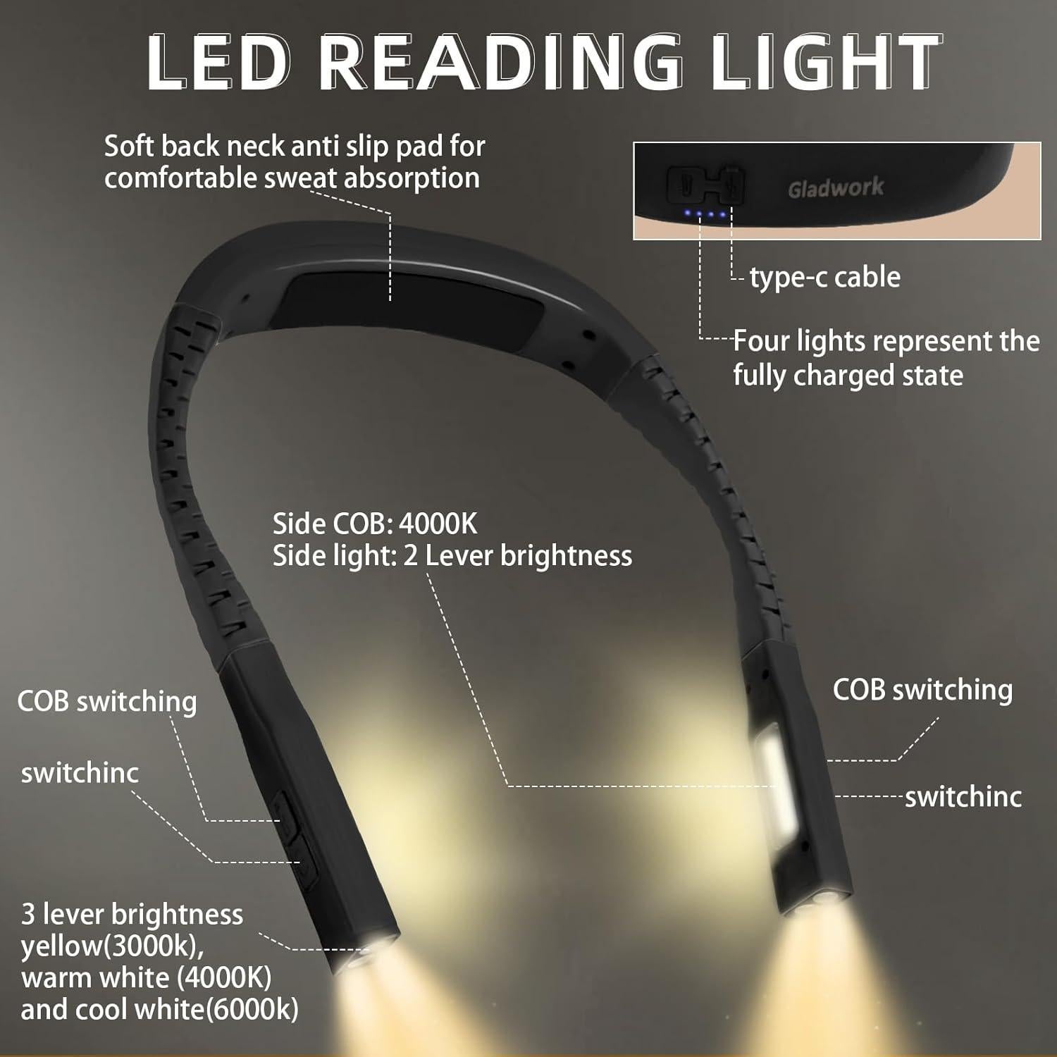 Luz de Cuello Recargable Gladwork 1200mAh 4 Luces Ajustables