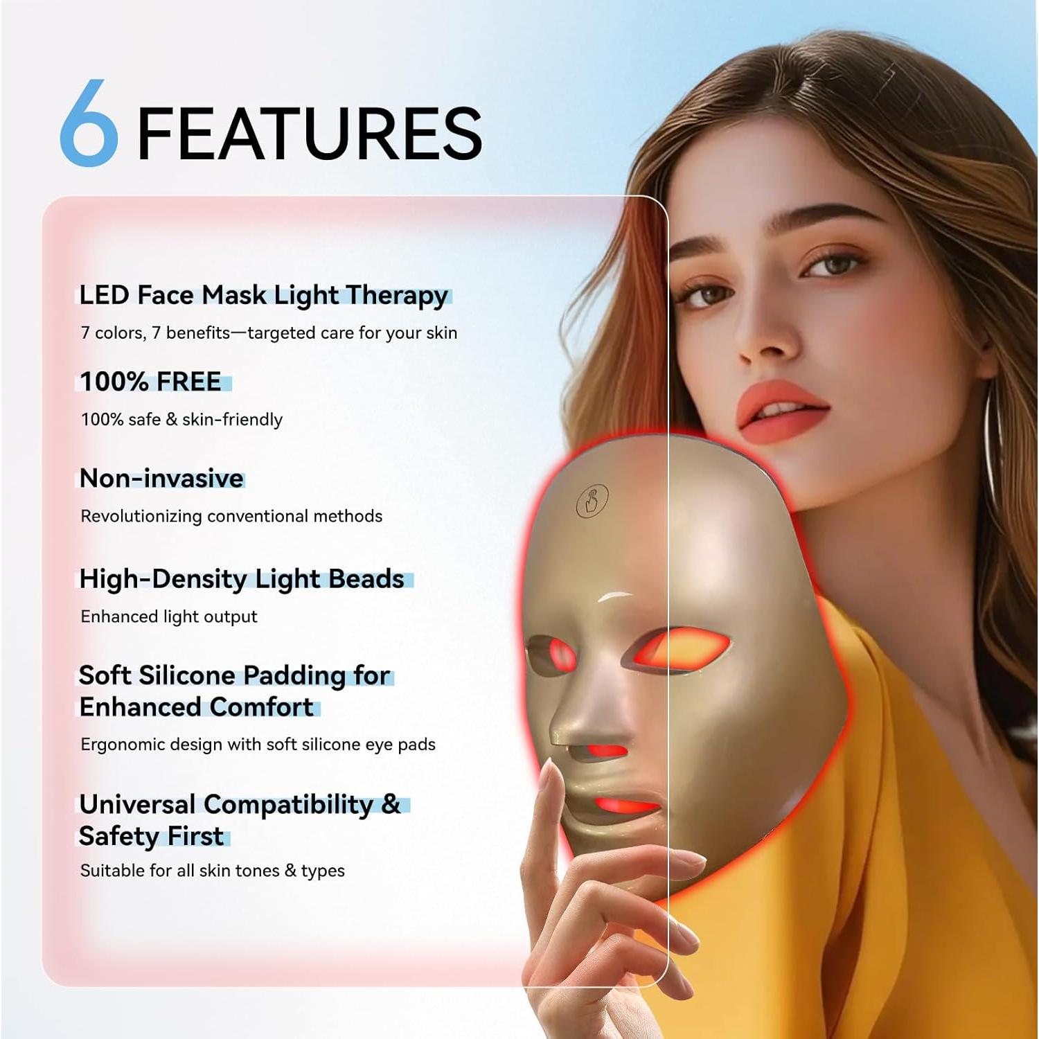 Máscara Facial LED BeaRay Oro 7 Colores Portátil Inalámbrica