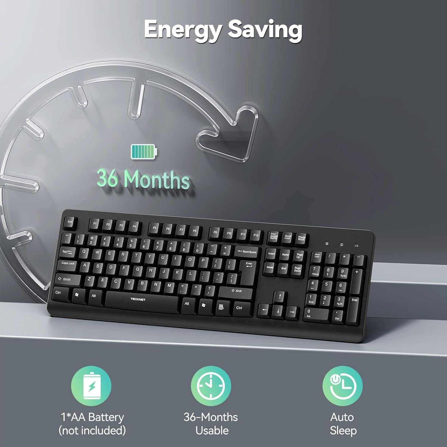 Teclado Inalámbrico TECKNET USB Silencioso Ergonómico Negro