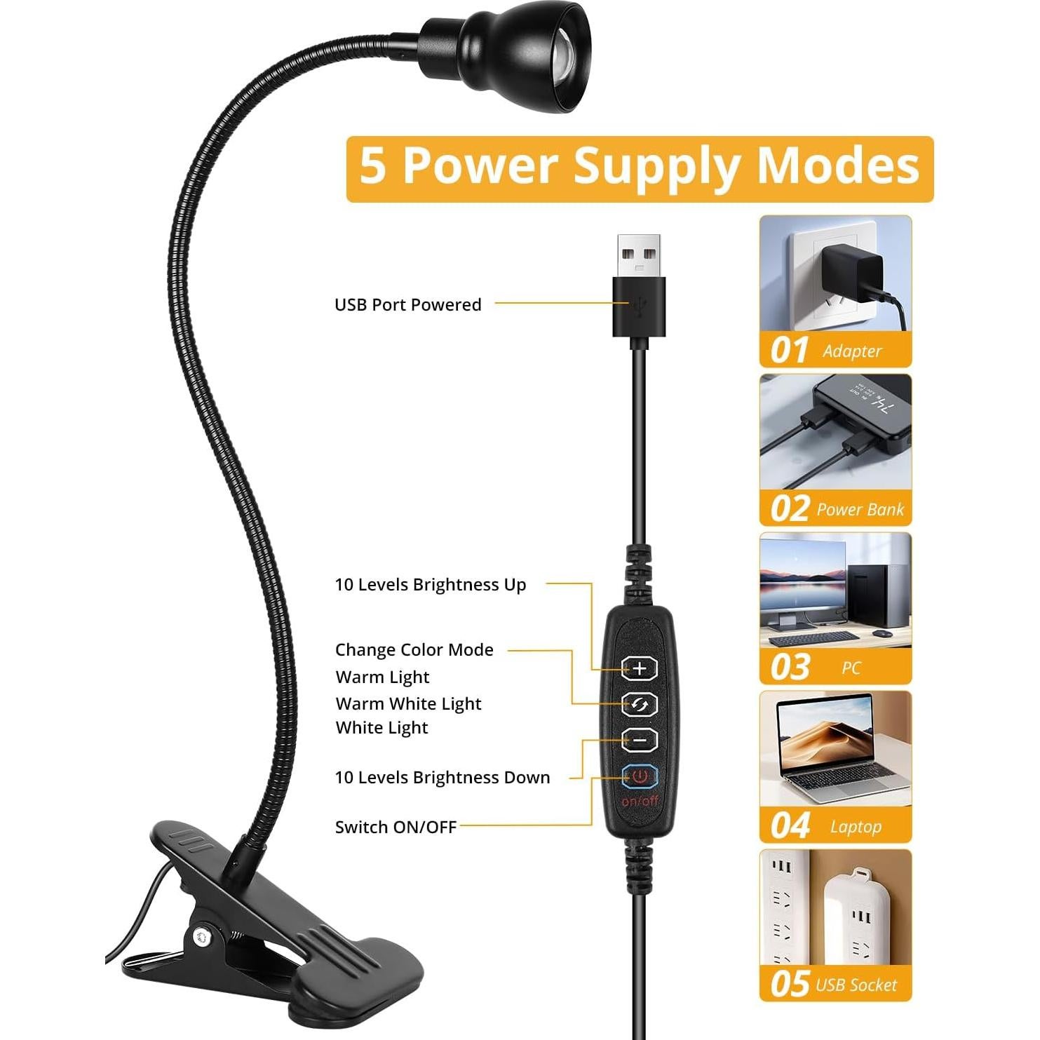 Luz de lectura LED Qeeltek con clip y 3 modos de color